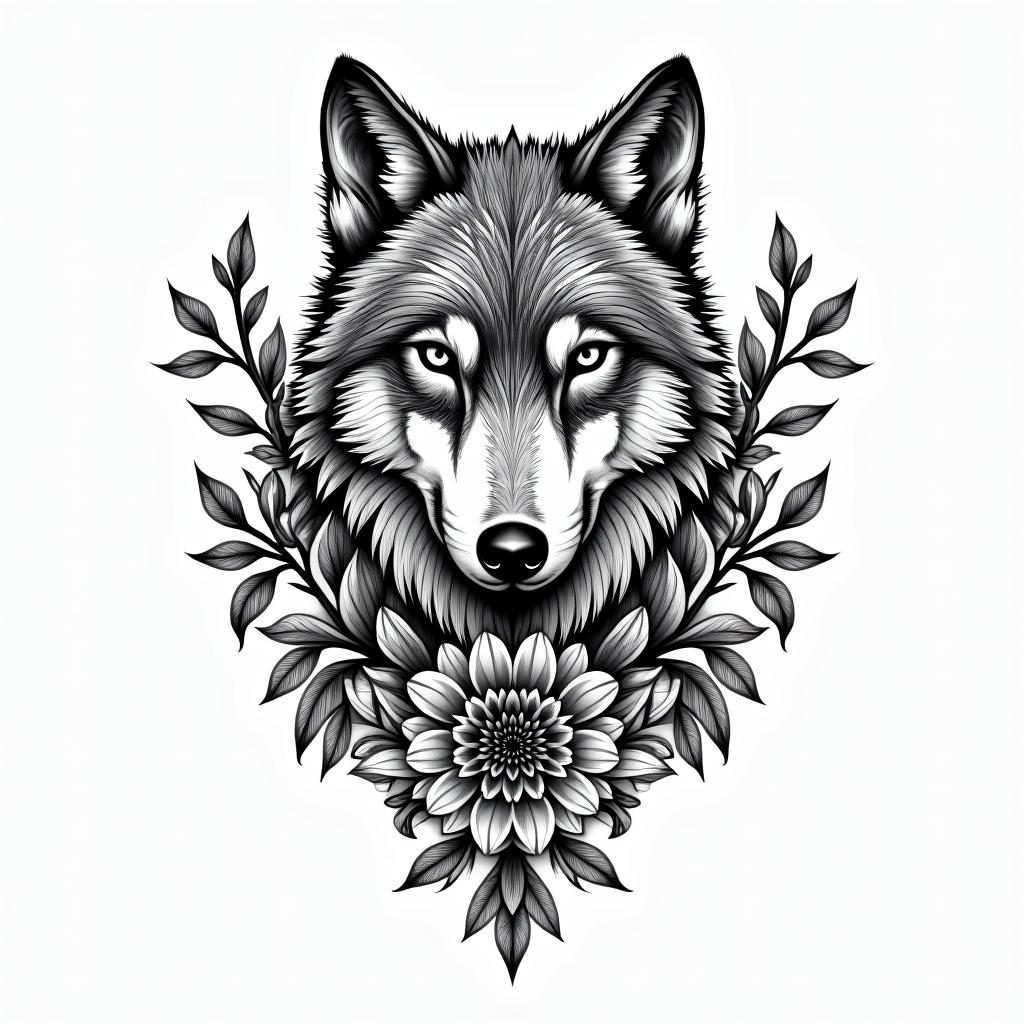 Wolvesin ornamental tattoo style, featuring intricate symmetrical patterns and floral designs, showcasing highly detailed line work and geometric shapes, creating a sense of elegance and balance - Variation 2