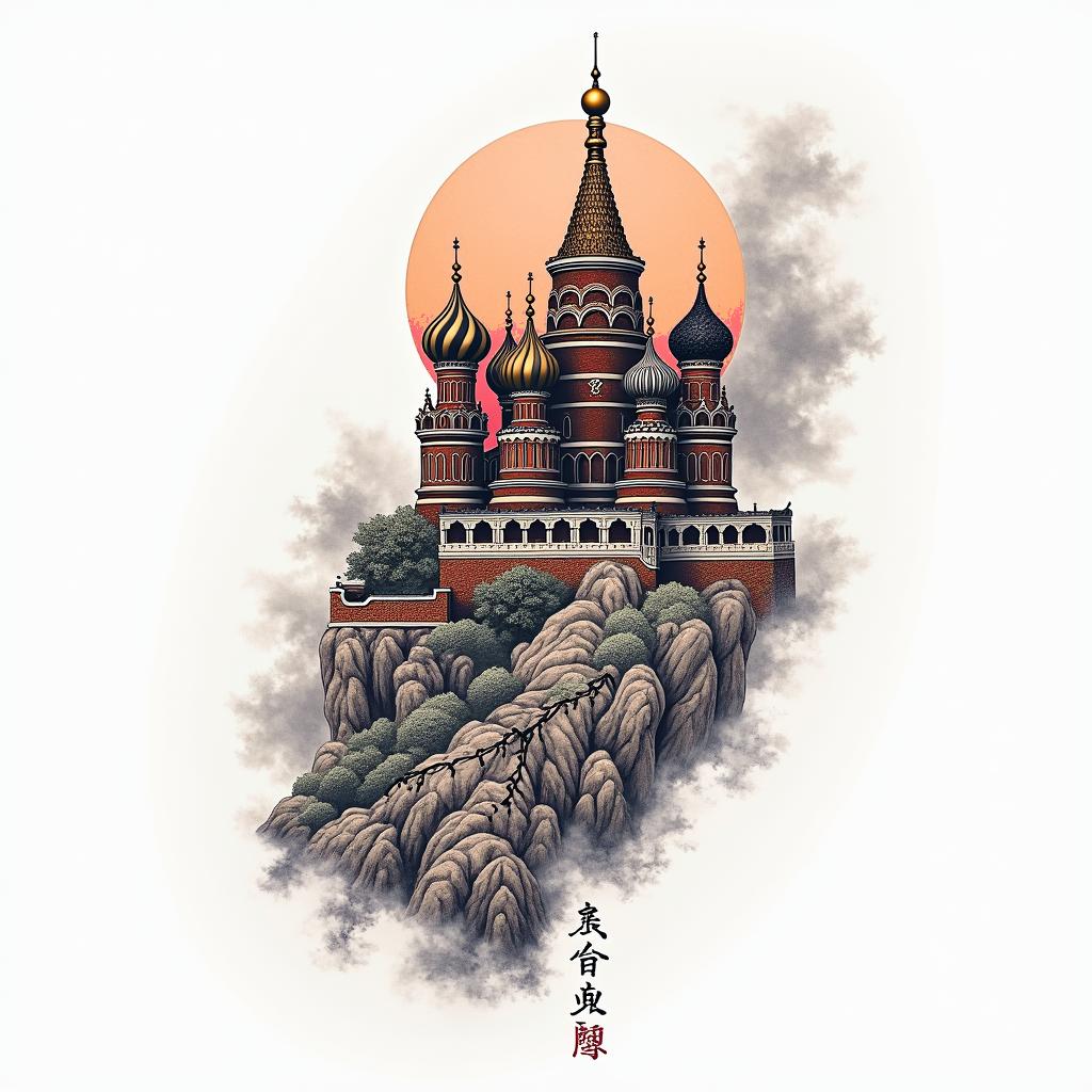 The Kremlin in colourin japanese style tattoo, detailed tattoo, traditional japanese culture tattoo, mythology, 8k - Variation 3