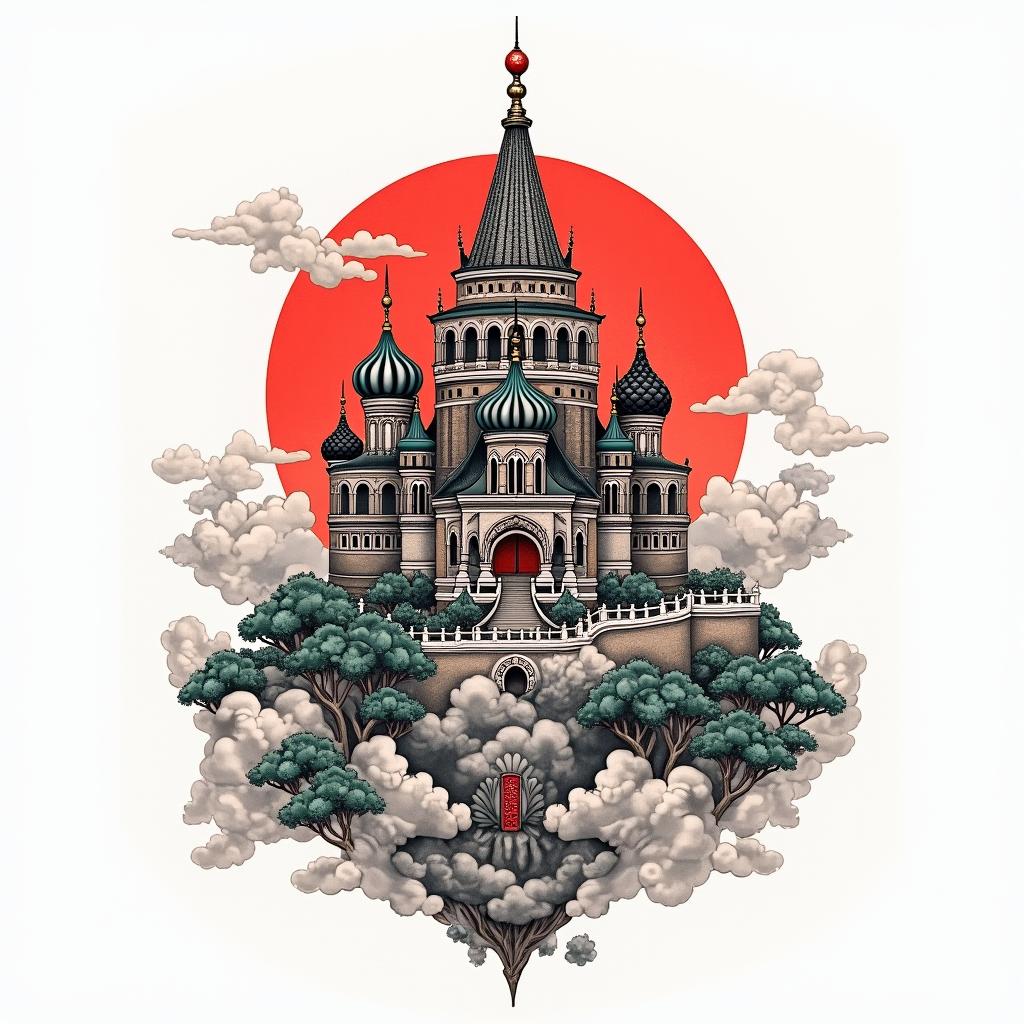 The Kremlin in colourin japanese style tattoo, detailed tattoo, traditional japanese culture tattoo, mythology, 8k - Variation 4