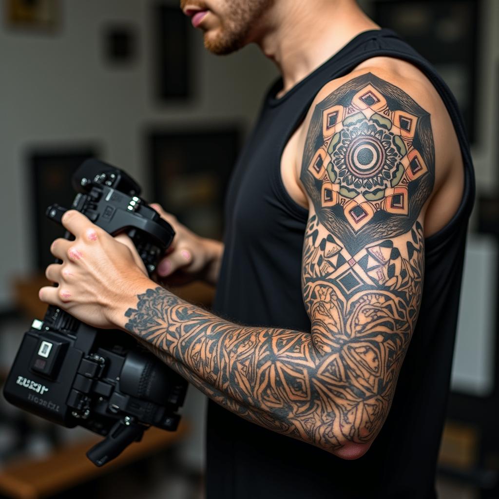 Automotive Technician tools in geometric style tattoo, blending hexagons, mandala-inspired patterns, symmetrical and fractal design, clean lines, sharp angles - Variation 2