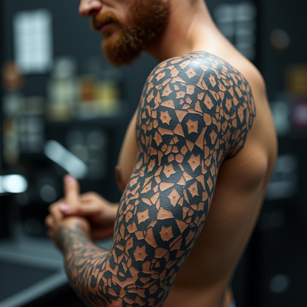 Automotive Technician tools in geometric style tattoo, blending hexagons, mandala-inspired patterns, symmetrical and fractal design, clean lines, sharp angles - Variation 4