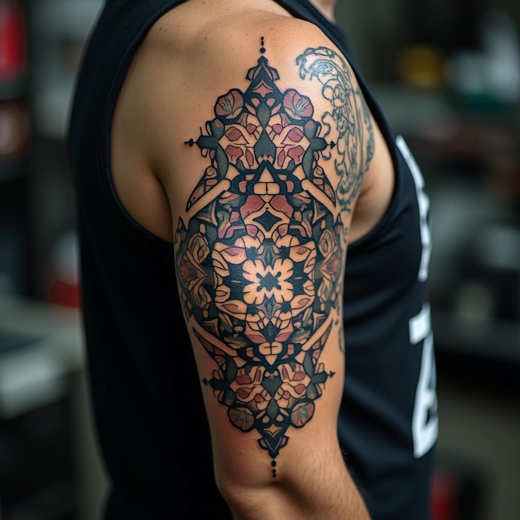 Automotive Technician tools in geometric style tattoo, blending hexagons, mandala-inspired patterns, symmetrical and fractal design, clean lines, sharp angles
