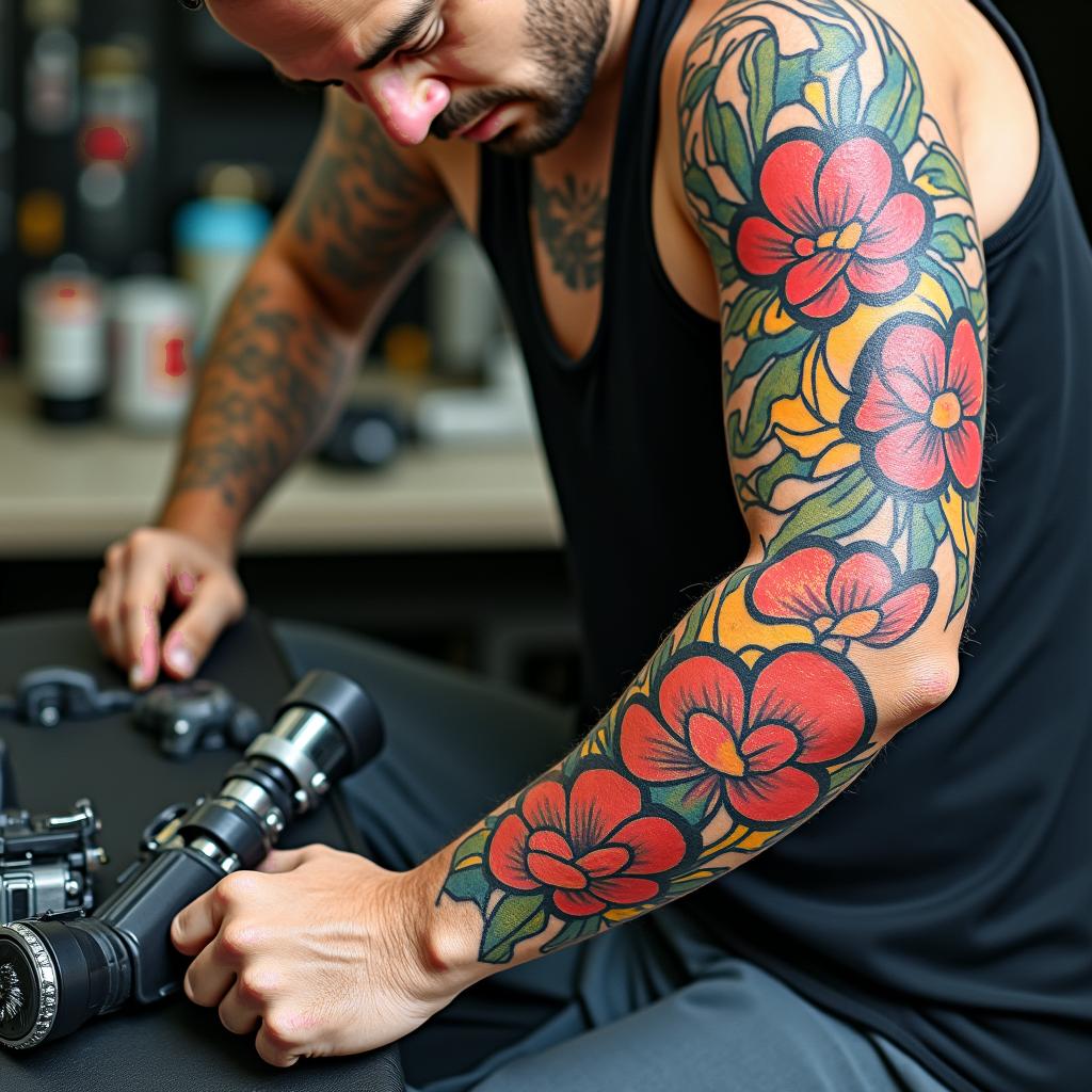 Automotive Technician toolsin pop art style tattoo, featuring bold and vibrant colors, exaggerated outlines, iconic imagery, inspired by comic books and speech bubbles, comic book characters, retro pop culture - Variation 4