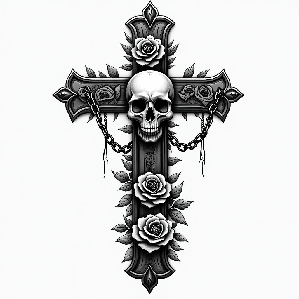 Stoicismin chicano style tattoo, featuring intricate black and grey shading, bold elements of traditional chicano culture symbols, add a big cross with skull, chains and roses - Variation 4