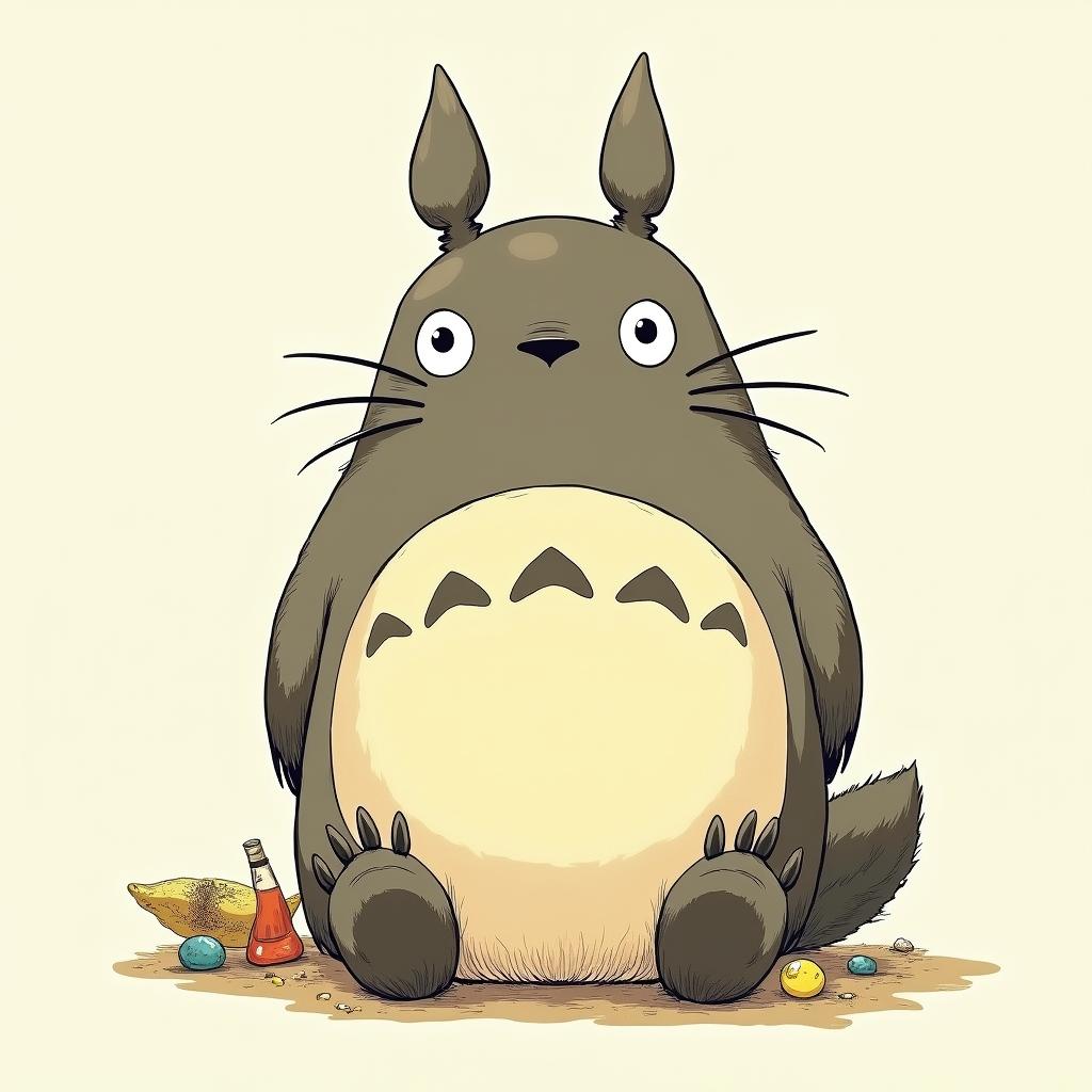 Totoro on coke with slutsGhibli, Studio Ghibli aesthetic, hand-drawn anime style, retro nostalgic atmosphere, retro soft pastel color palette with earthy tones, retro Japanese cinematic shot, yellow tint effect, bald character, smooth surface, anime shadow 90's anime style - Variation 2