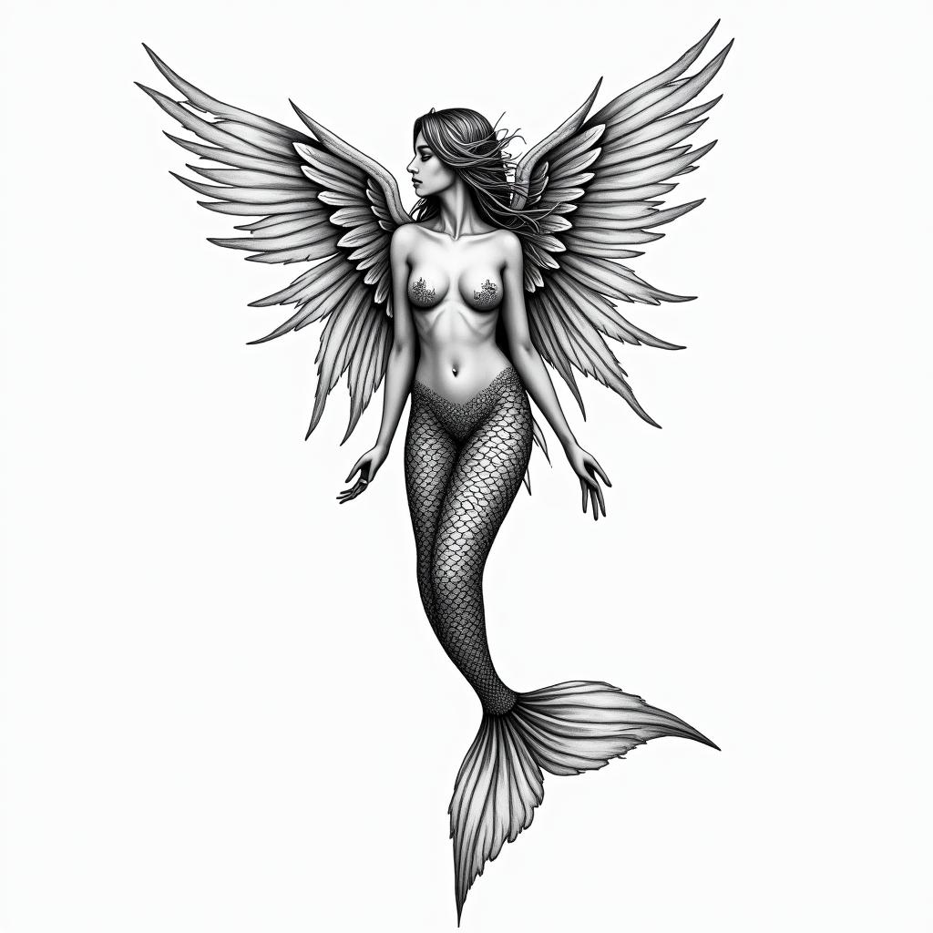 Mermaid with angel wingsin bohemian style tattoo, 8k - Variation 2