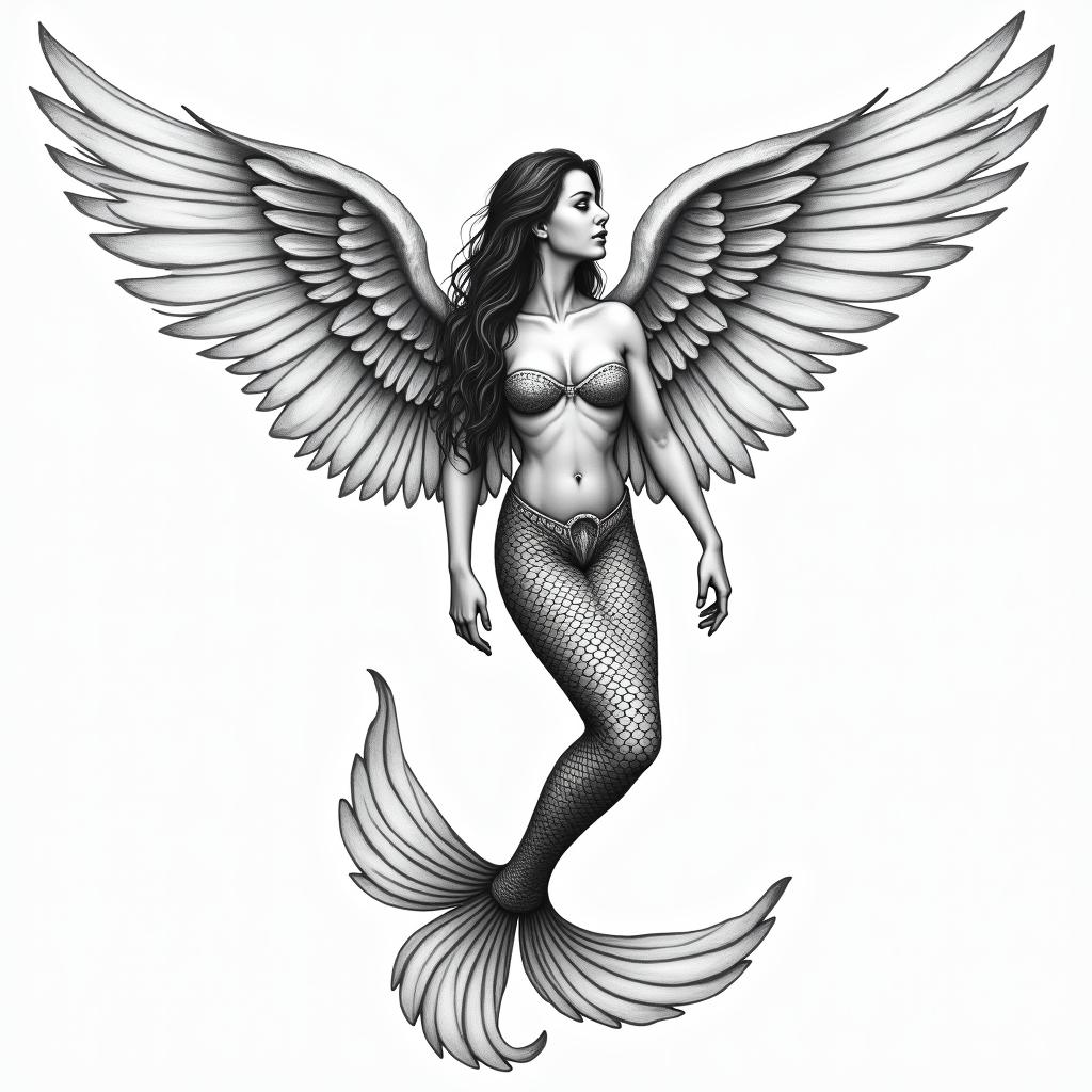 Mermaid with angel wingsin bohemian style tattoo, 8k - Variation 4