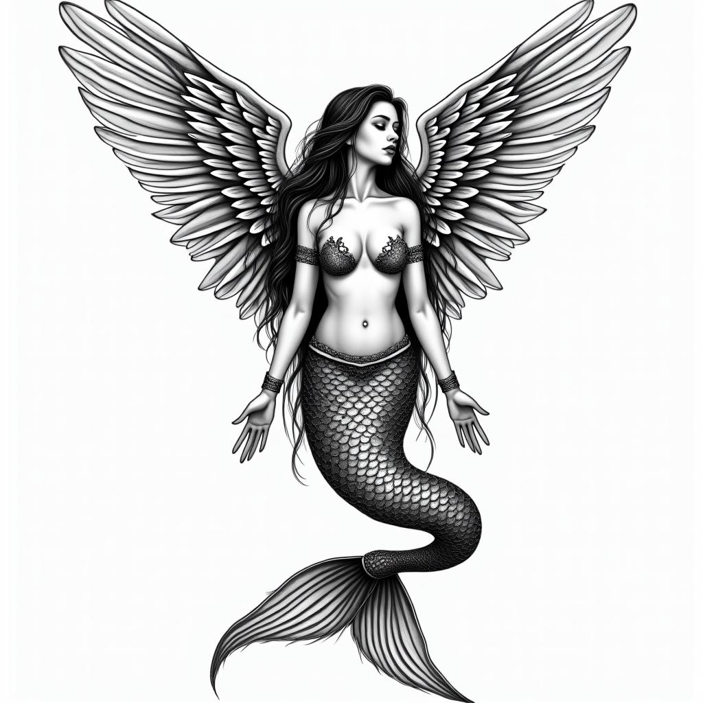 Mermaid with angel wingsin bohemian style tattoo, 8k - Variation 3