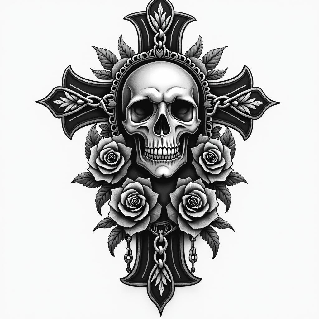 Samantha, Leo, EMT, makeup artistin chicano style tattoo, featuring intricate black and grey shading, bold elements of traditional chicano culture symbols, add a big cross with skull, chains and roses - Variation 4
