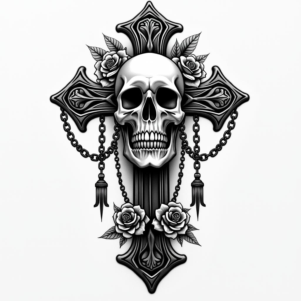 Samantha, Leo, EMT, makeup artistin chicano style tattoo, featuring intricate black and grey shading, bold elements of traditional chicano culture symbols, add a big cross with skull, chains and roses - Variation 3