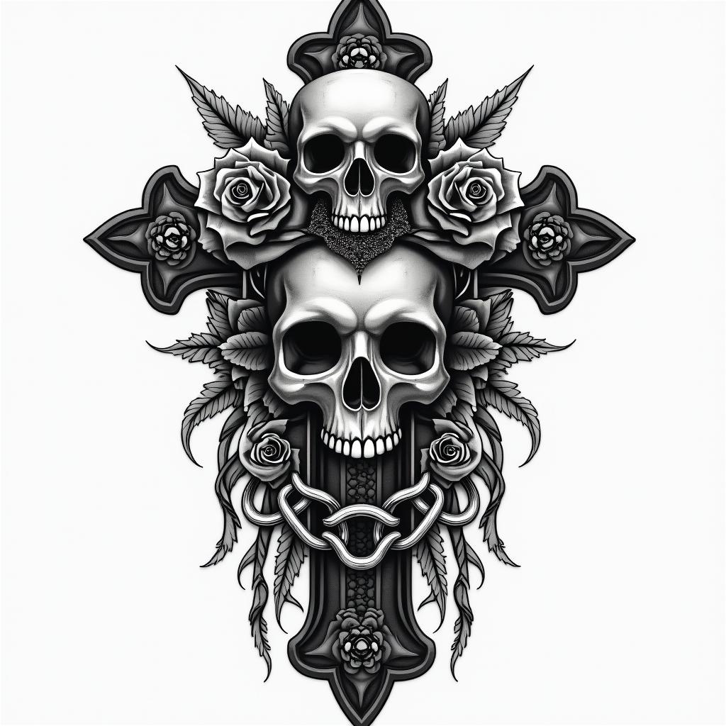 Samantha, Leo, EMT, makeup artistin chicano style tattoo, featuring intricate black and grey shading, bold elements of traditional chicano culture symbols, add a big cross with skull, chains and roses - Variation 2