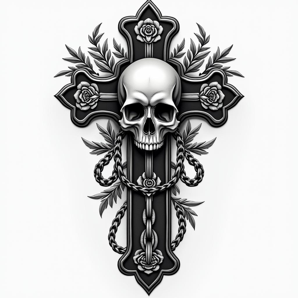Samantha, Leo, EMT, makeup artistin chicano style tattoo, featuring intricate black and grey shading, bold elements of traditional chicano culture symbols, add a big cross with skull, chains and roses