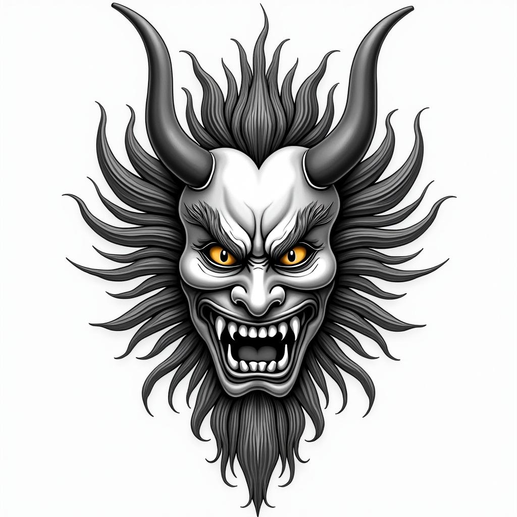 Traditional hannya maskin japanese style tattoo, detailed tattoo, traditional japanese culture tattoo, mythology, 8k