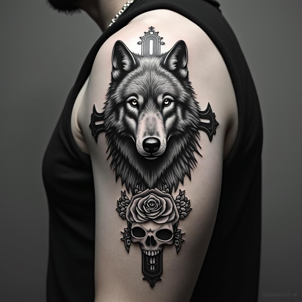 Wolfin chicano style tattoo, featuring intricate black and grey shading, bold elements of traditional chicano culture symbols, add a big cross with skull, chains and roses - Variation 2