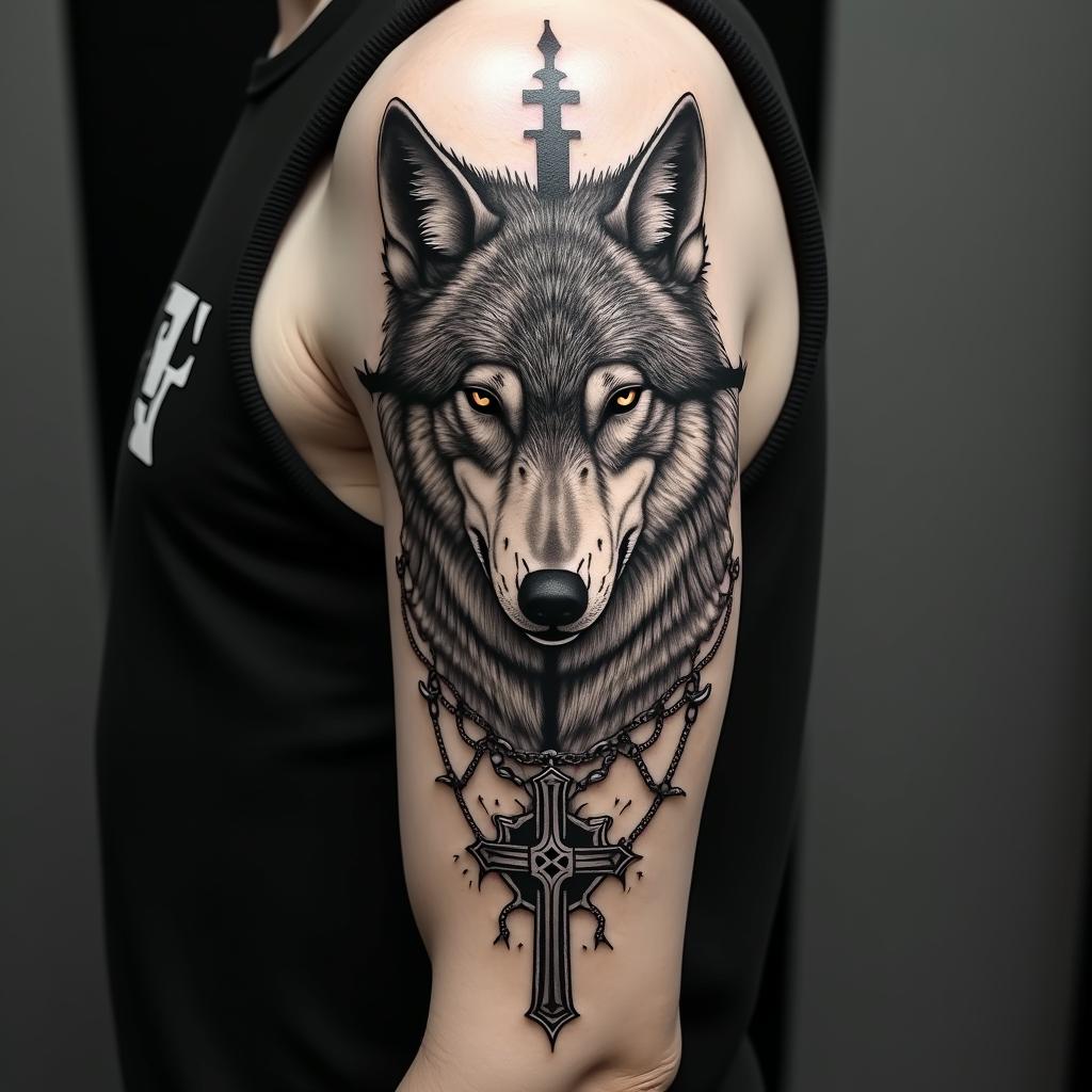 Wolfin chicano style tattoo, featuring intricate black and grey shading, bold elements of traditional chicano culture symbols, add a big cross with skull, chains and roses
