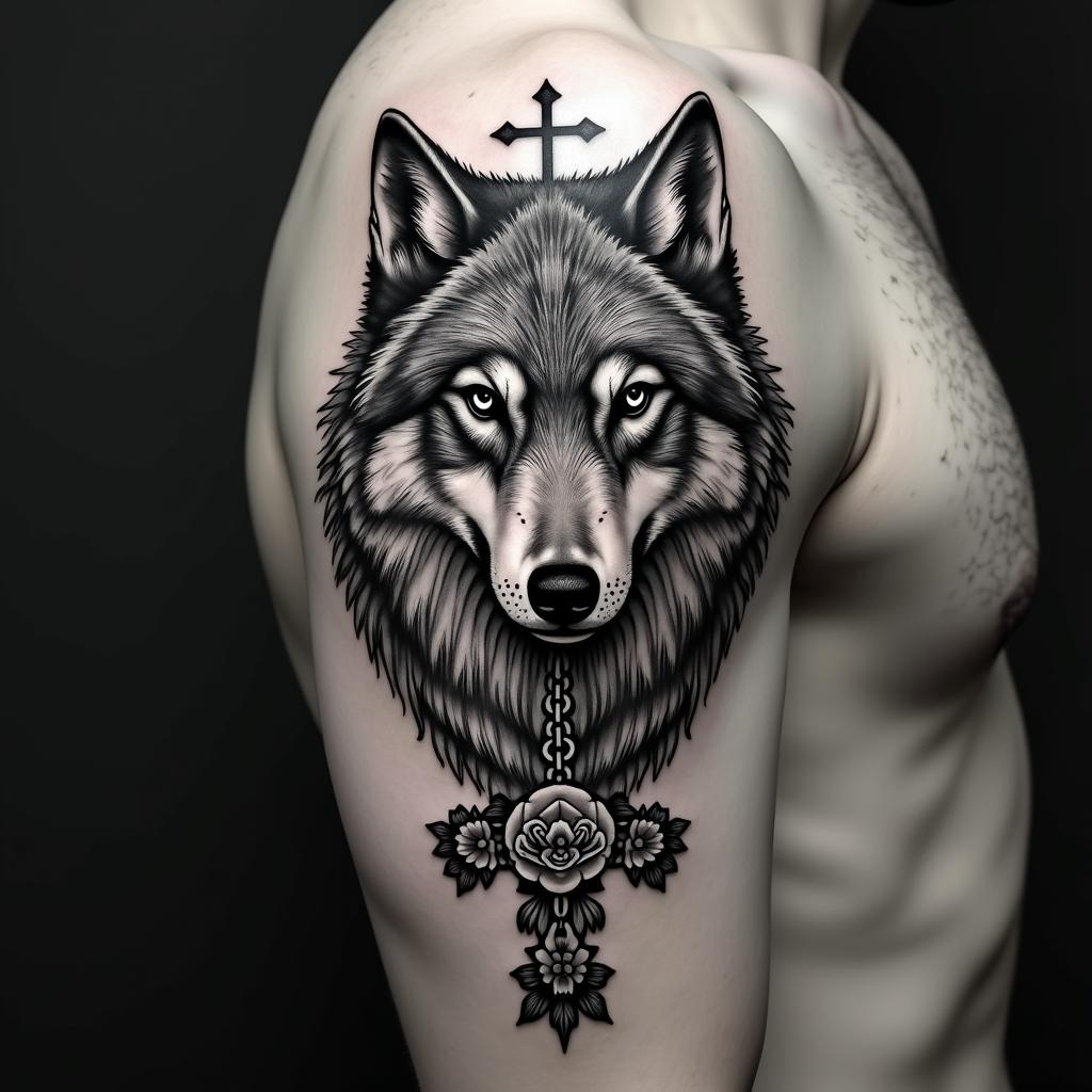 Wolfin chicano style tattoo, featuring intricate black and grey shading, bold elements of traditional chicano culture symbols, add a big cross with skull, chains and roses - Variation 3