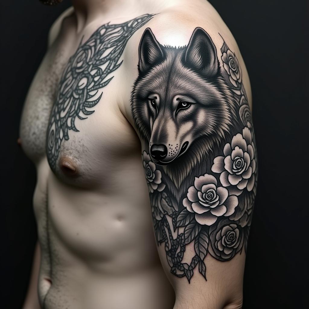 Wolfin chicano style tattoo, featuring intricate black and grey shading, bold elements of traditional chicano culture symbols, add a big cross with skull, chains and roses - Variation 4
