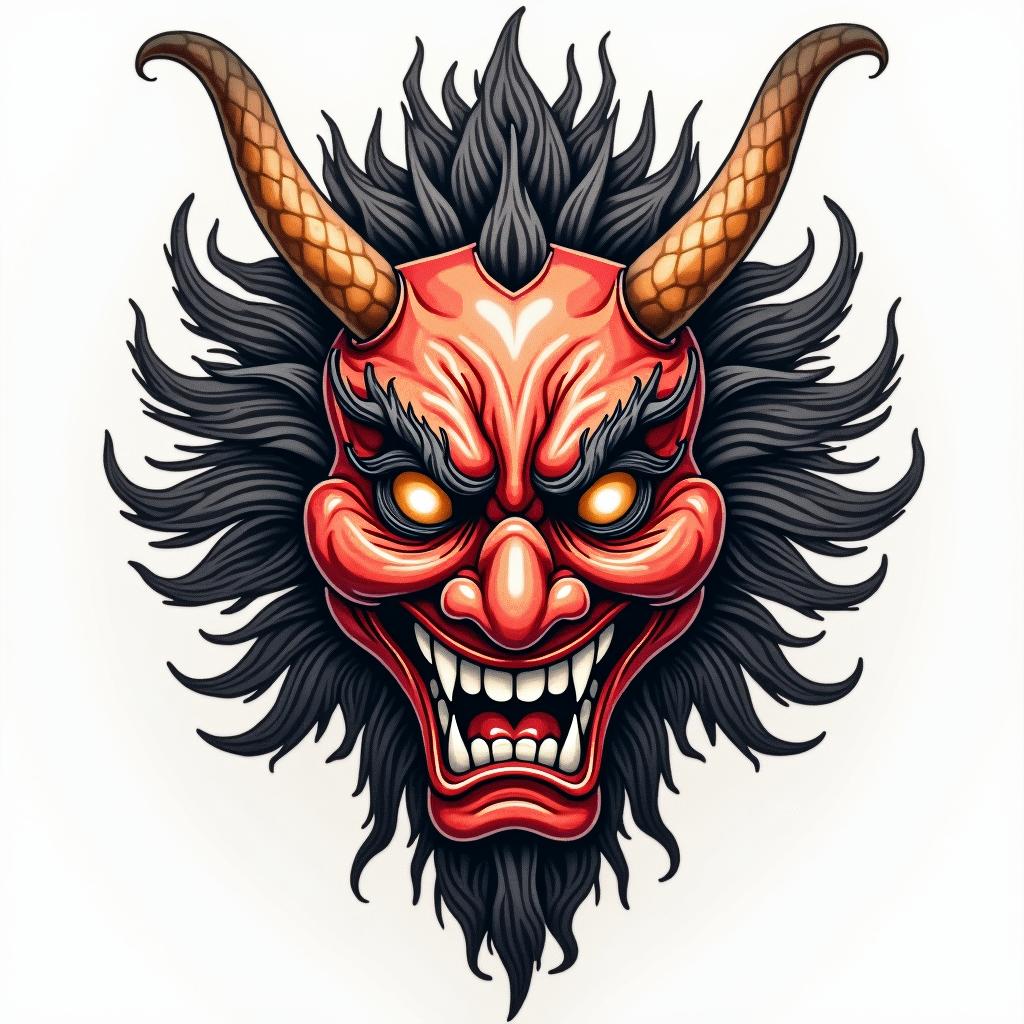 Traditional hannya mask in colourin japanese style tattoo, detailed tattoo, traditional japanese culture tattoo, mythology, 8k