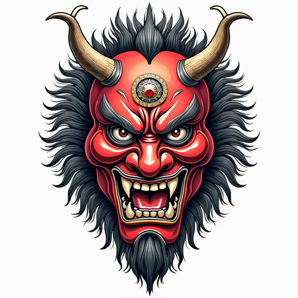 Traditional hannya mask in colourin japanese style tattoo, detailed tattoo, traditional japanese culture tattoo, mythology, 8k - Variation 3