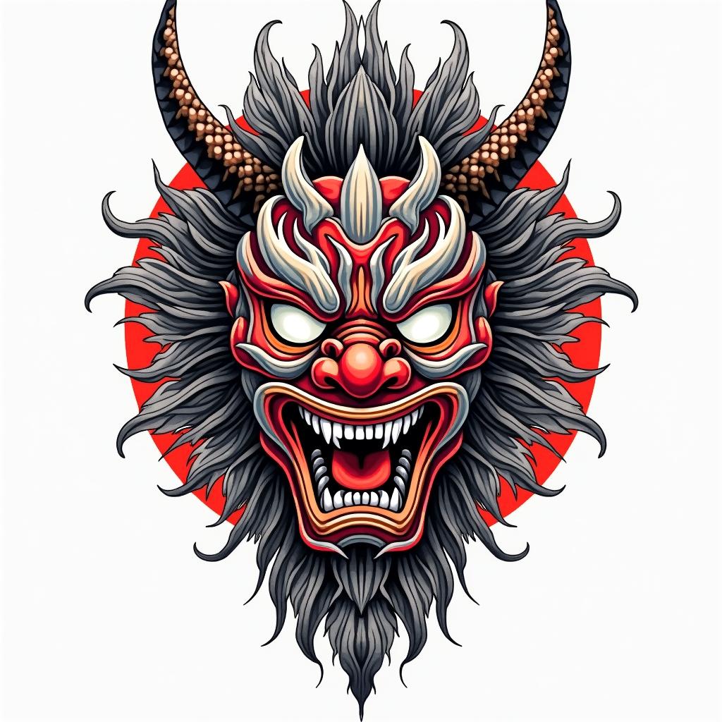 Traditional hannya mask in colourin japanese style tattoo, detailed tattoo, traditional japanese culture tattoo, mythology, 8k - Variation 4