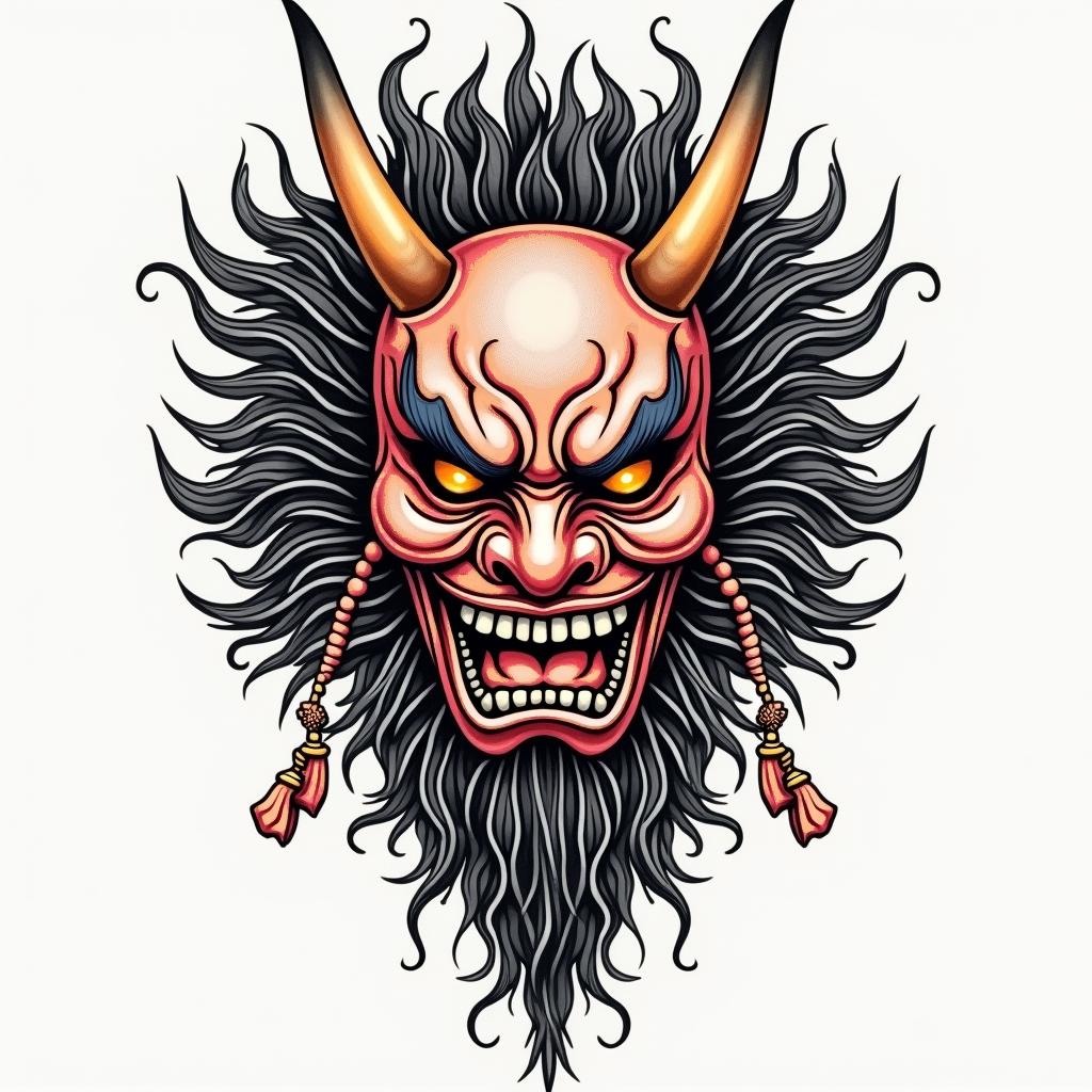 Traditional hannya mask in colourin japanese style tattoo, detailed tattoo, traditional japanese culture tattoo, mythology, 8k - Variation 2