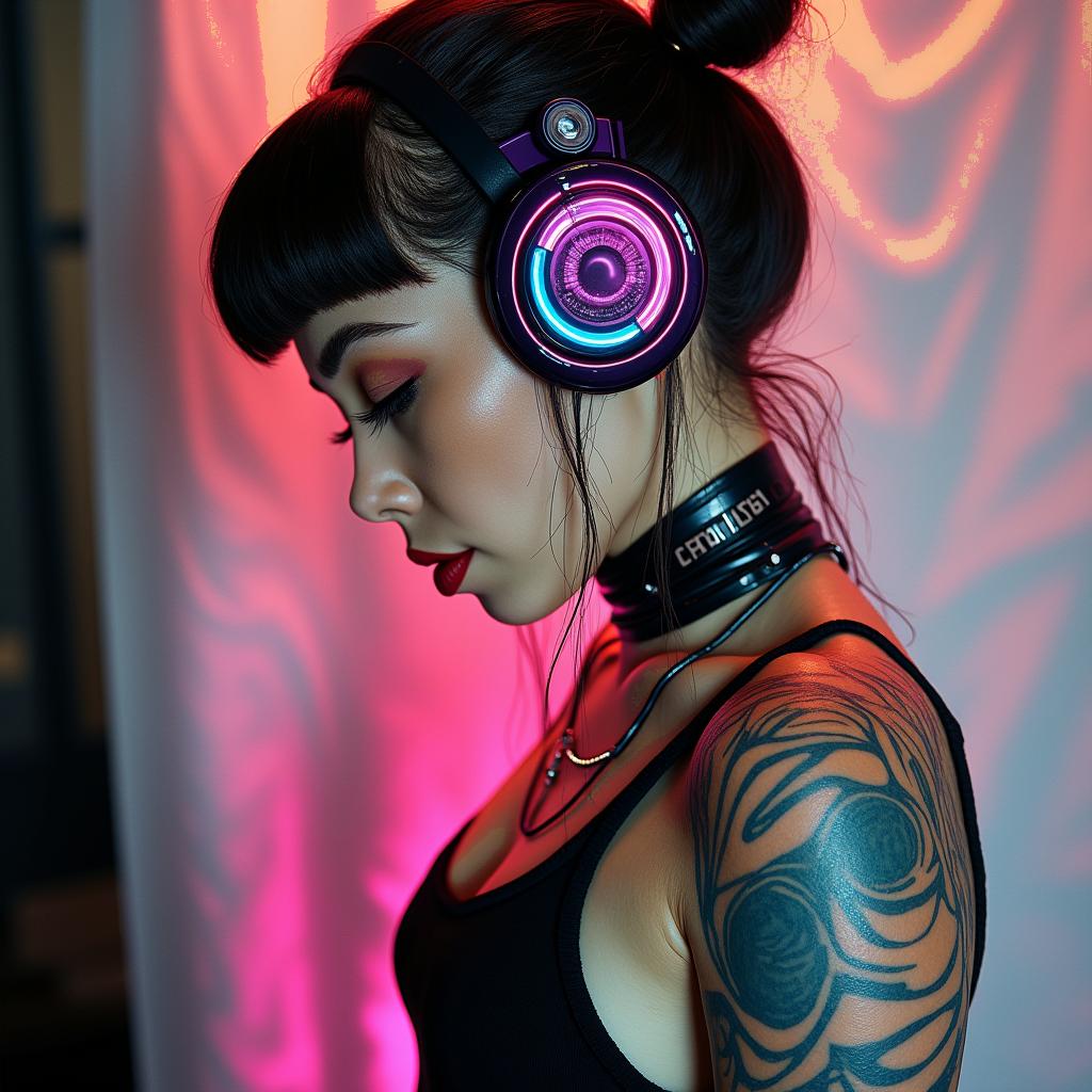 Futuristic cyberpunk girl with neon accentsin pop art style tattoo, featuring bold and vibrant colors, exaggerated outlines, iconic imagery, inspired by comic books and speech bubbles, comic book characters, retro pop culture - Variation 2