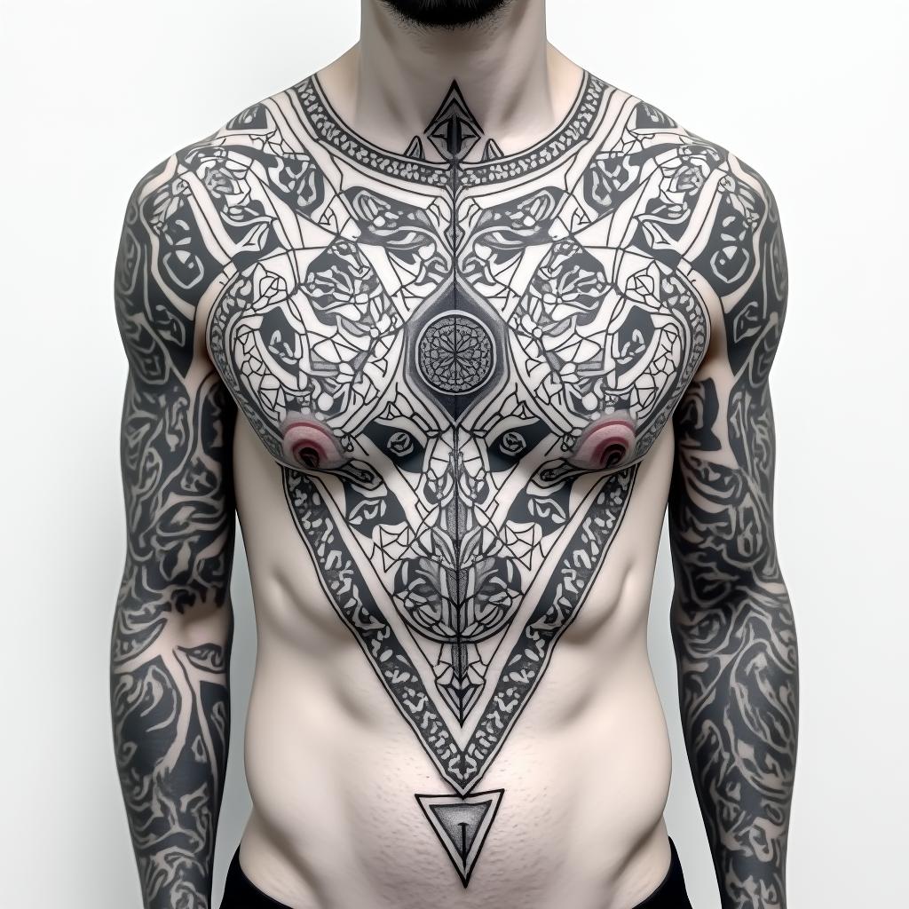 tribal tattoo with two large squares in the each side of the chest with a obelisk shaped (diamond the larger top than bottom half, in the center of the chest. black line work with baby blue highlights around circular patterns. cover the cut of the chest up. do not cover the abdomen. cover the arms to the short sleeve length. Cover the shoulderblades in the back. shadowing in black/ grey to provide depth. in geometric style tattoo, blending hexagons, mandala-inspired patterns, symmetrical and fractal design, clean lines, sharp angles - Variation 2