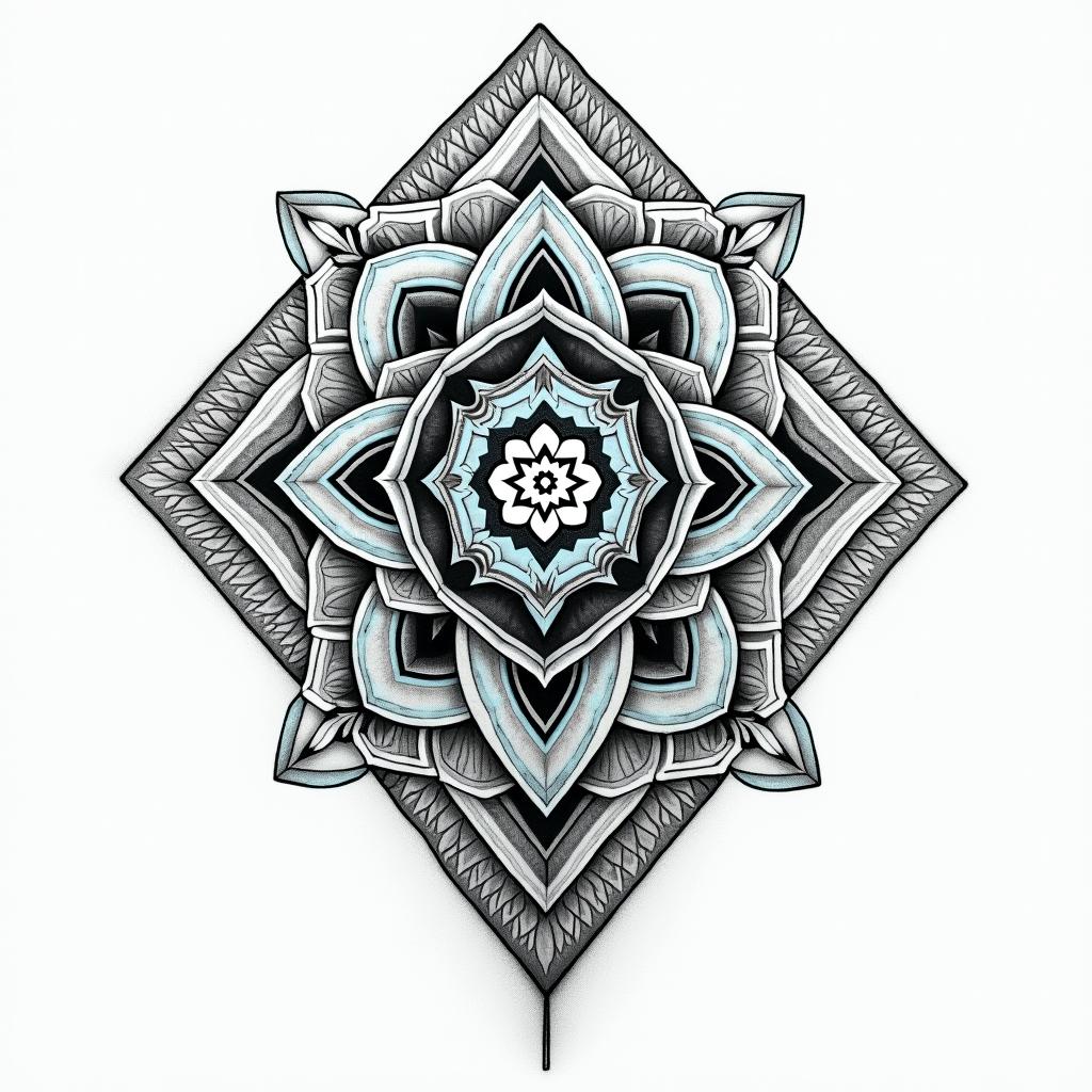 tribal tattoo with two large squares in the each side of the chest with a obelisk shaped (diamond the larger top than bottom half, in the center of the chest. black line work with baby blue highlights around circular patterns. cover the cut of the chest up. do not cover the abdomen. cover the arms to the short sleeve length. Cover the shoulderblades in the back. shadowing in black/ grey to provide depth. in geometric style tattoo, blending hexagons, mandala-inspired patterns, symmetrical and fractal design, clean lines, sharp angles - Variation 3