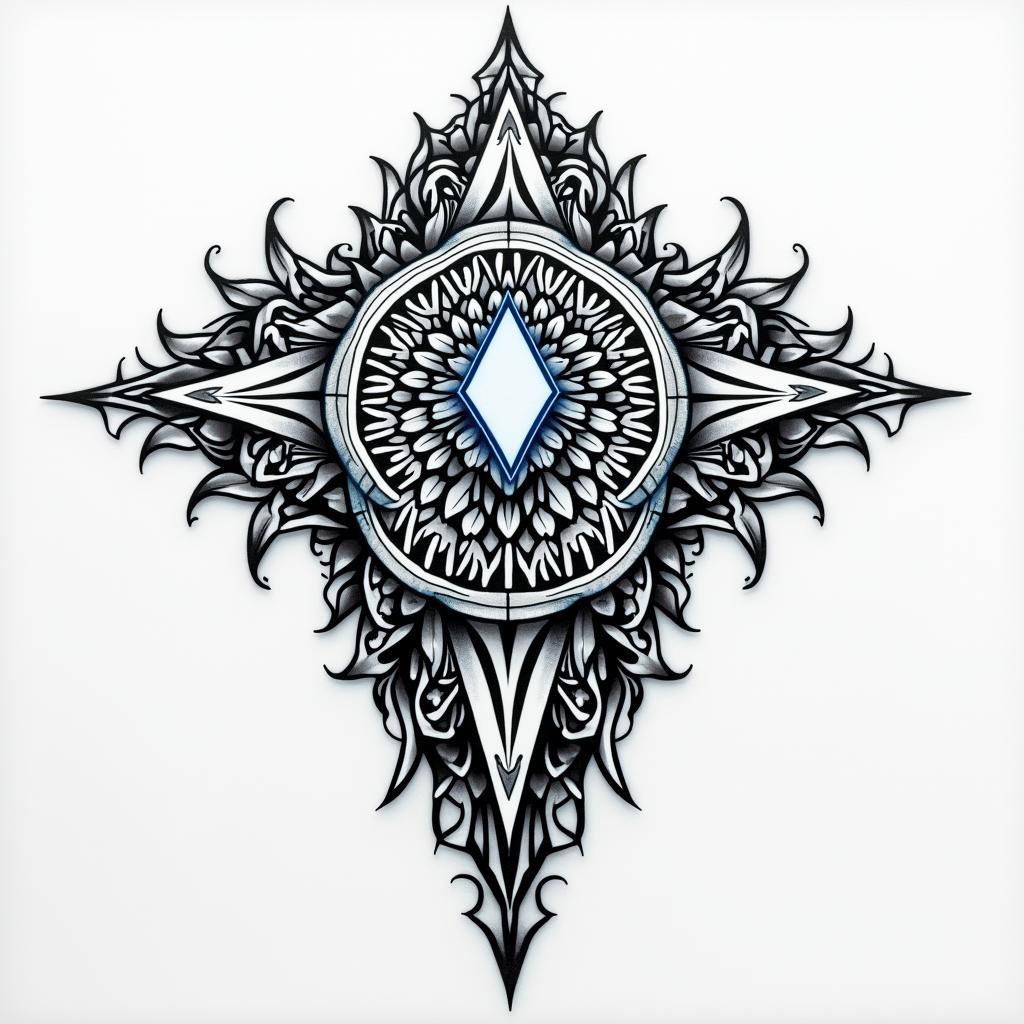 tribal tattoo with two large squares in the each side of the chest with a obelisk shaped (diamond the larger top than bottom half, in the center of the chest. black line work with baby blue highlights around circular patterns. cover the cut of the chest up. do not cover the abdomen. cover the arms to the short sleeve length. Cover the shoulderblades in the back. shadowing in black/ grey to provide depth. in geometric style tattoo, blending hexagons, mandala-inspired patterns, symmetrical and fractal design, clean lines, sharp angles