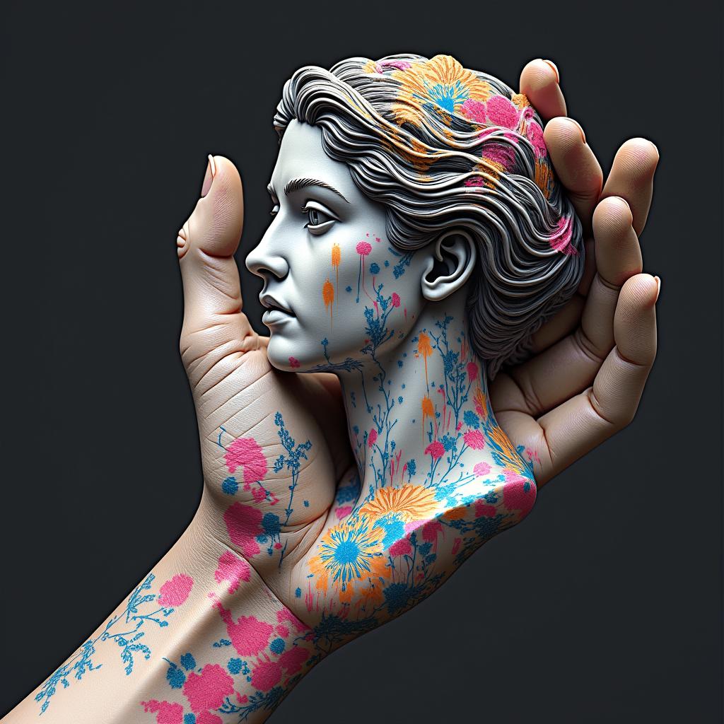 I would like illustrations that summarize my wounds, my fears, my doubts, my joys.in distorted and fragmented tattoo design, featuring a classical statue bust, in a glitch art style with vibrant, overlapping colors of cyan, magenta, and yellow, creating a digital distortion effect - Variation 4