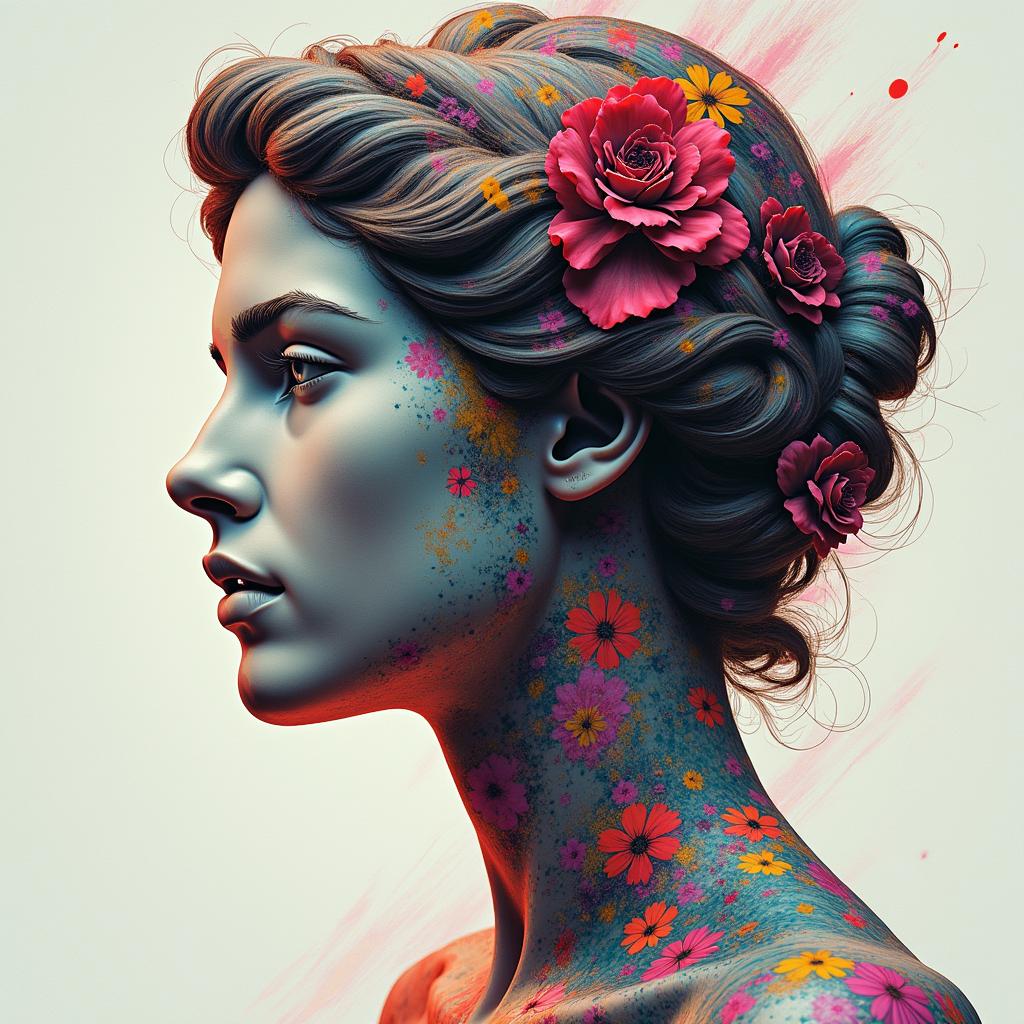 I would like illustrations that summarize my wounds, my fears, my doubts, my joys.in distorted and fragmented tattoo design, featuring a classical statue bust, in a glitch art style with vibrant, overlapping colors of cyan, magenta, and yellow, creating a digital distortion effect - Variation 6