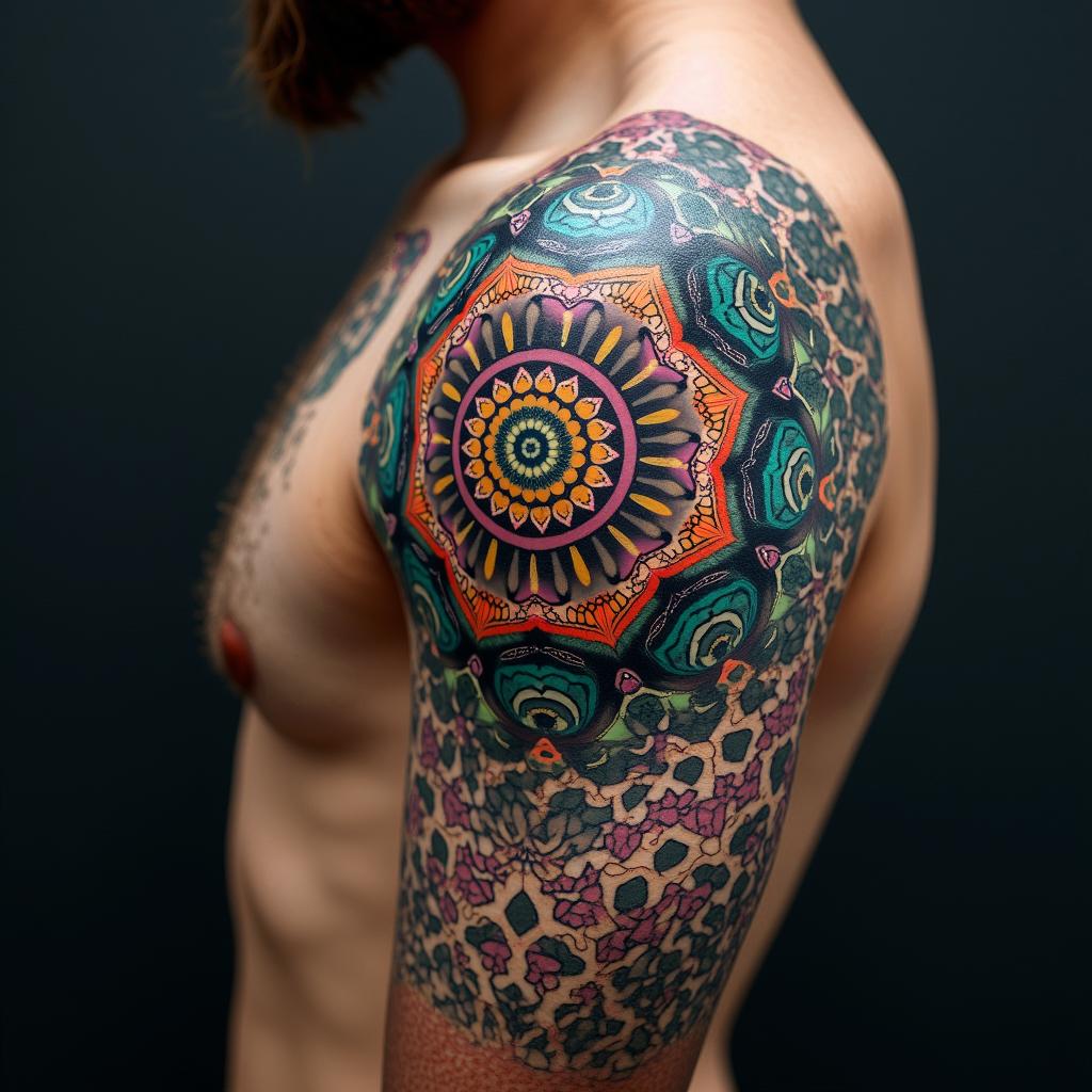 Futuristic cyberpunk girl with neon accentsin dotwork style tattoo, complex mandala patterns, interlocking geometric shapes with sharp symmetry, clean lines, sharp angles - Variation 6