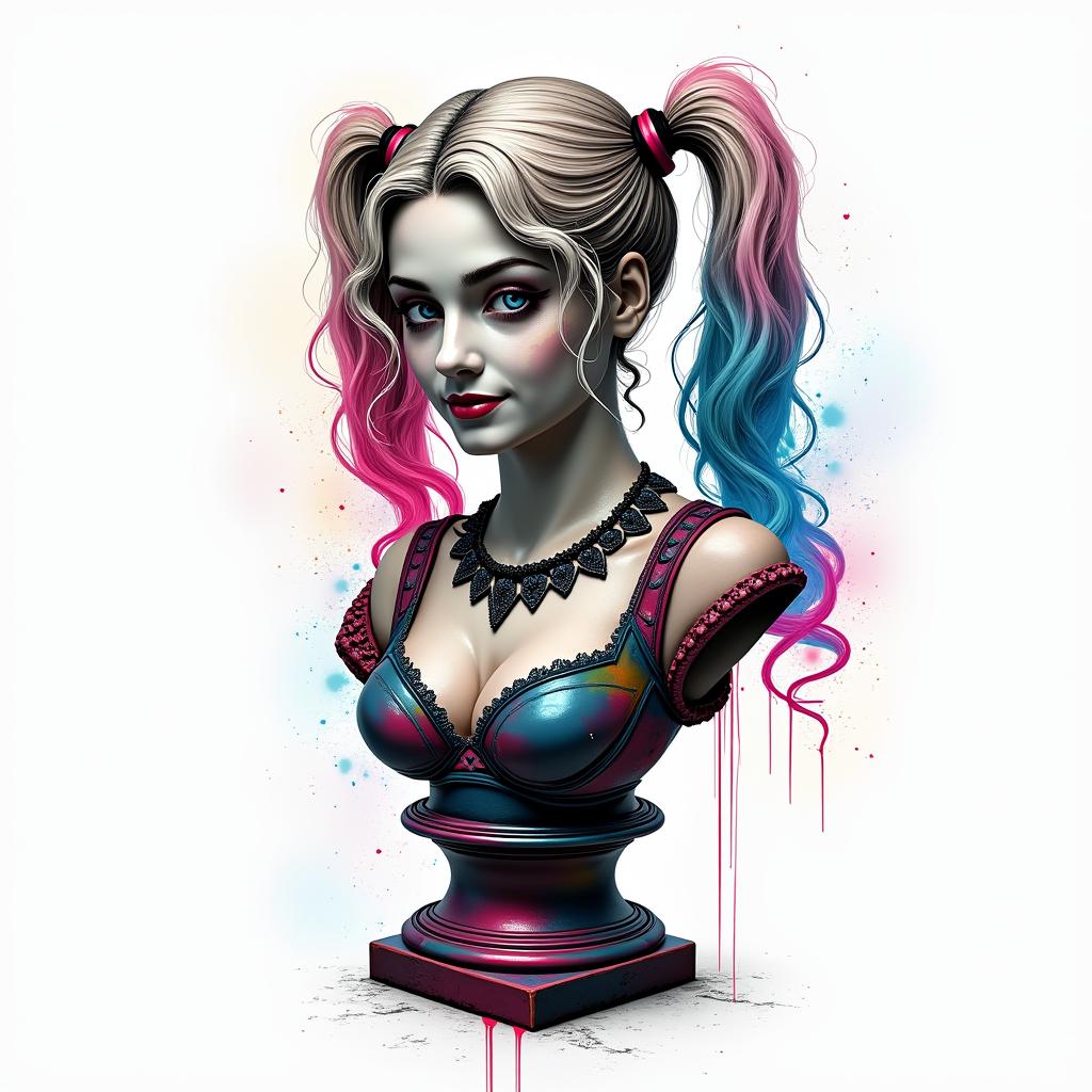 Harley Quinnin distorted and fragmented tattoo design, featuring a classical statue bust, in a glitch art style with vibrant, overlapping colors of cyan, magenta, and yellow, creating a digital distortion effect - Variation 6