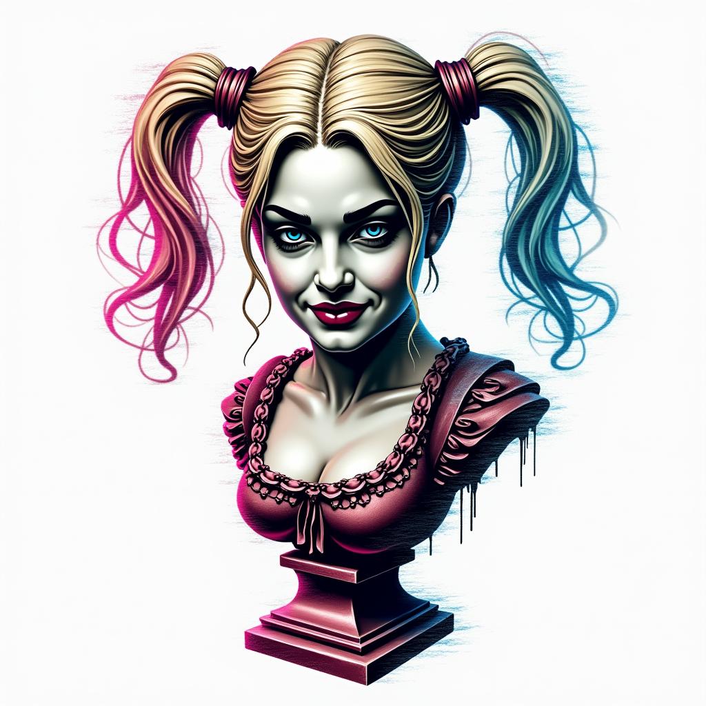 Harley Quinnin distorted and fragmented tattoo design, featuring a classical statue bust, in a glitch art style with vibrant, overlapping colors of cyan, magenta, and yellow, creating a digital distortion effect - Variation 7