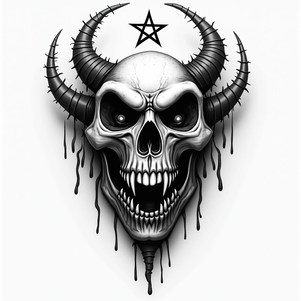 Moparcreepy horror tattoo style, featuring an eerie and unsettling skull of a demonic creature, distorted face with sharp fangs, add pentagram symbol - Variation 4