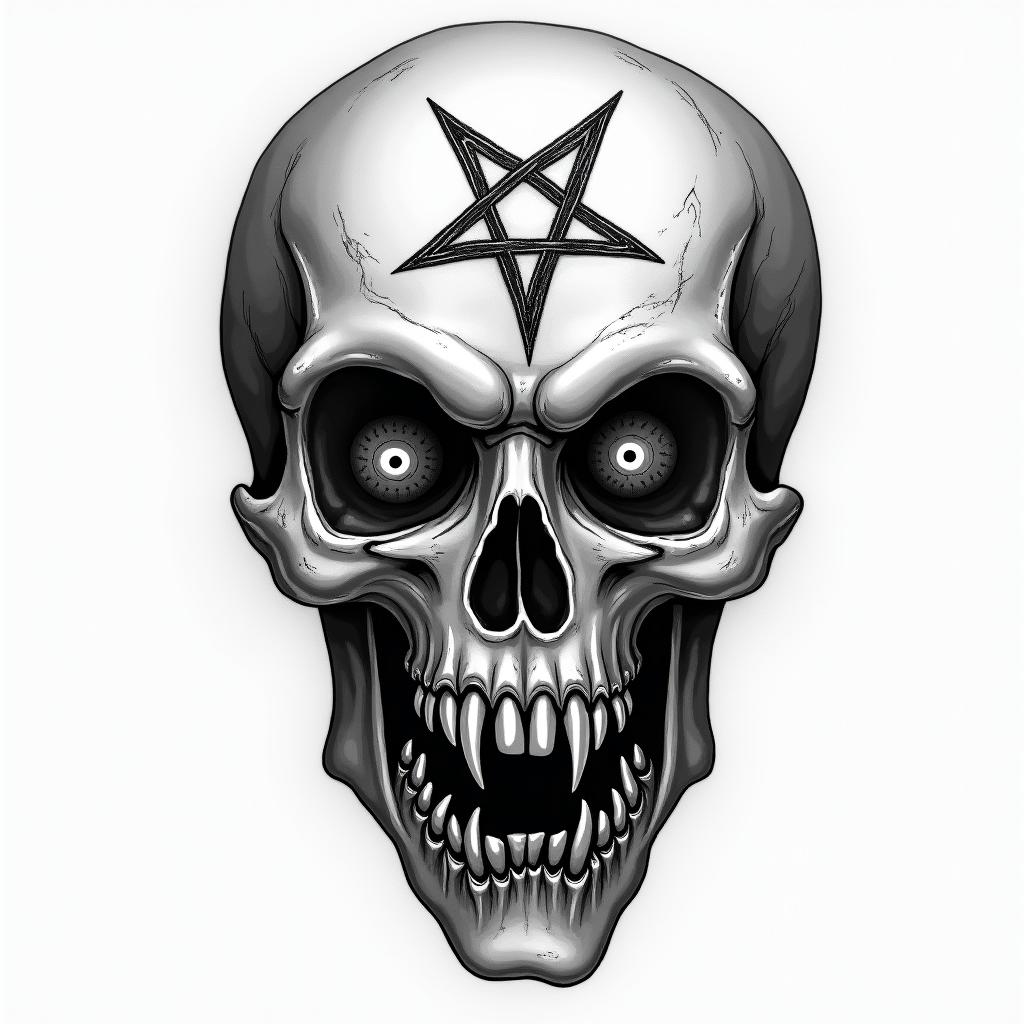 Moparcreepy horror tattoo style, featuring an eerie and unsettling skull of a demonic creature, distorted face with sharp fangs, add pentagram symbol - Variation 3