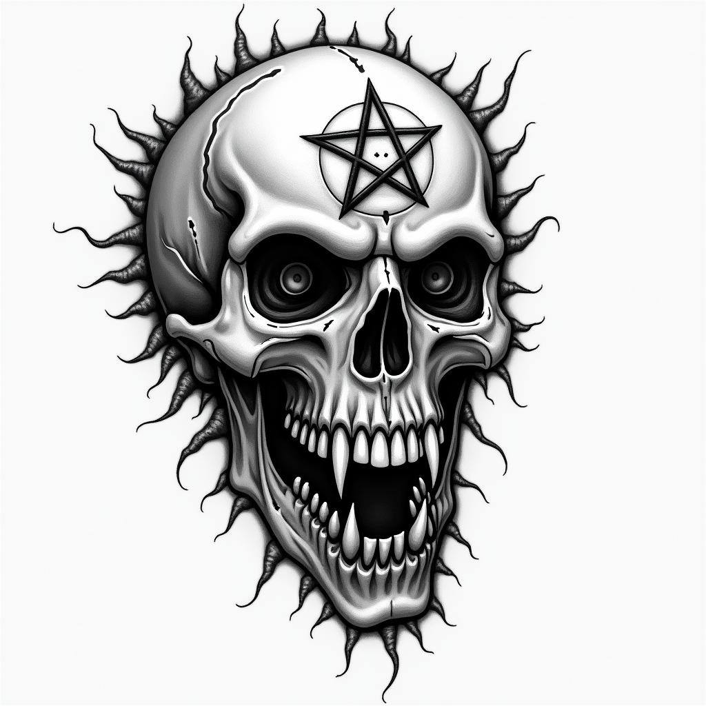 Moparcreepy horror tattoo style, featuring an eerie and unsettling skull of a demonic creature, distorted face with sharp fangs, add pentagram symbol