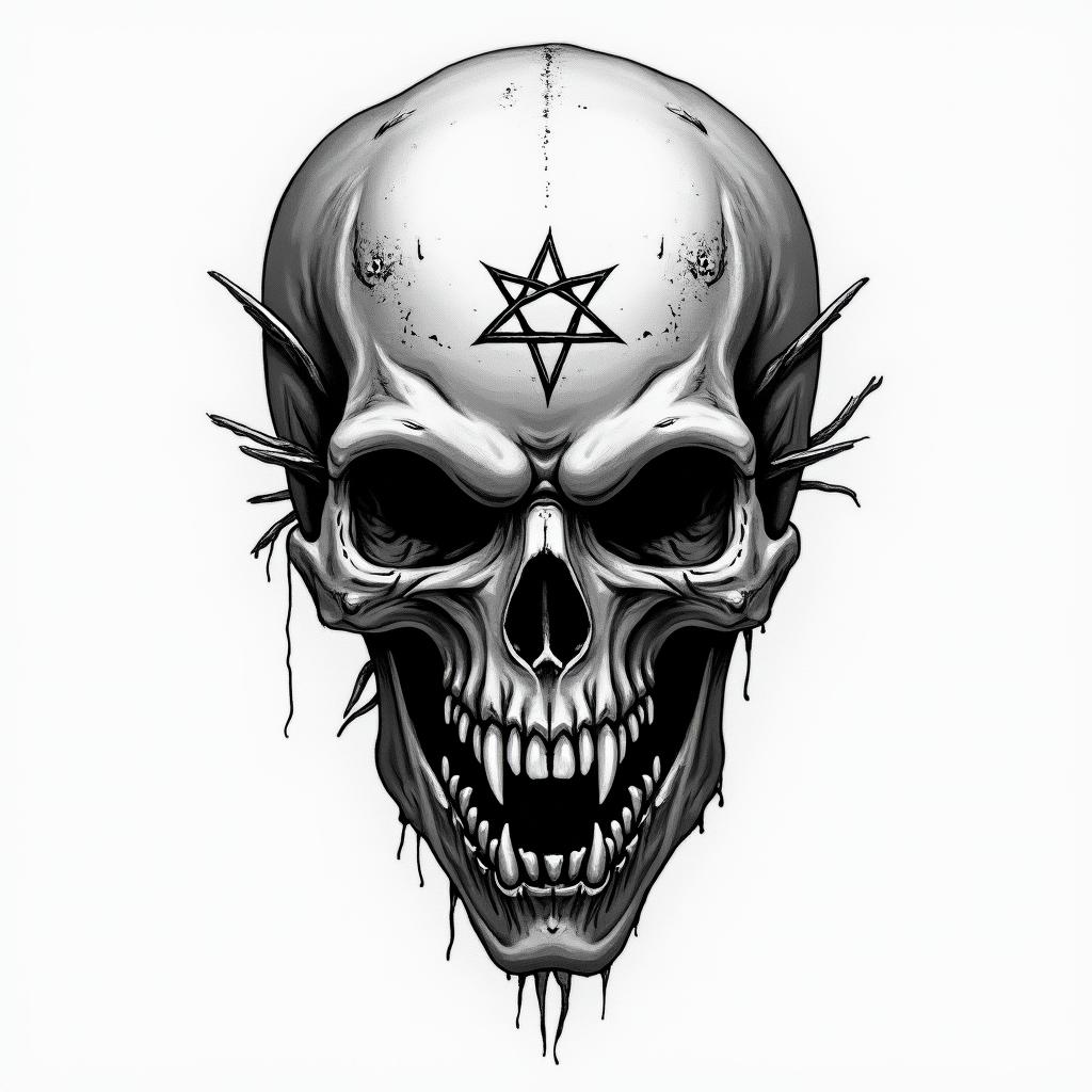 Moparcreepy horror tattoo style, featuring an eerie and unsettling skull of a demonic creature, distorted face with sharp fangs, add pentagram symbol - Variation 2