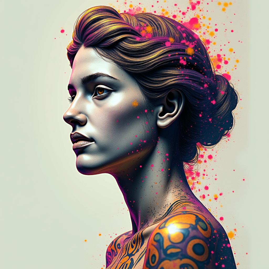 I would like illustrations that summarize my wounds, my fears, my doubts, my joys.in distorted and fragmented tattoo design, featuring a classical statue bust, in a glitch art style with vibrant, overlapping colors of cyan, magenta, and yellow, creating a digital distortion effect - Variation 3
