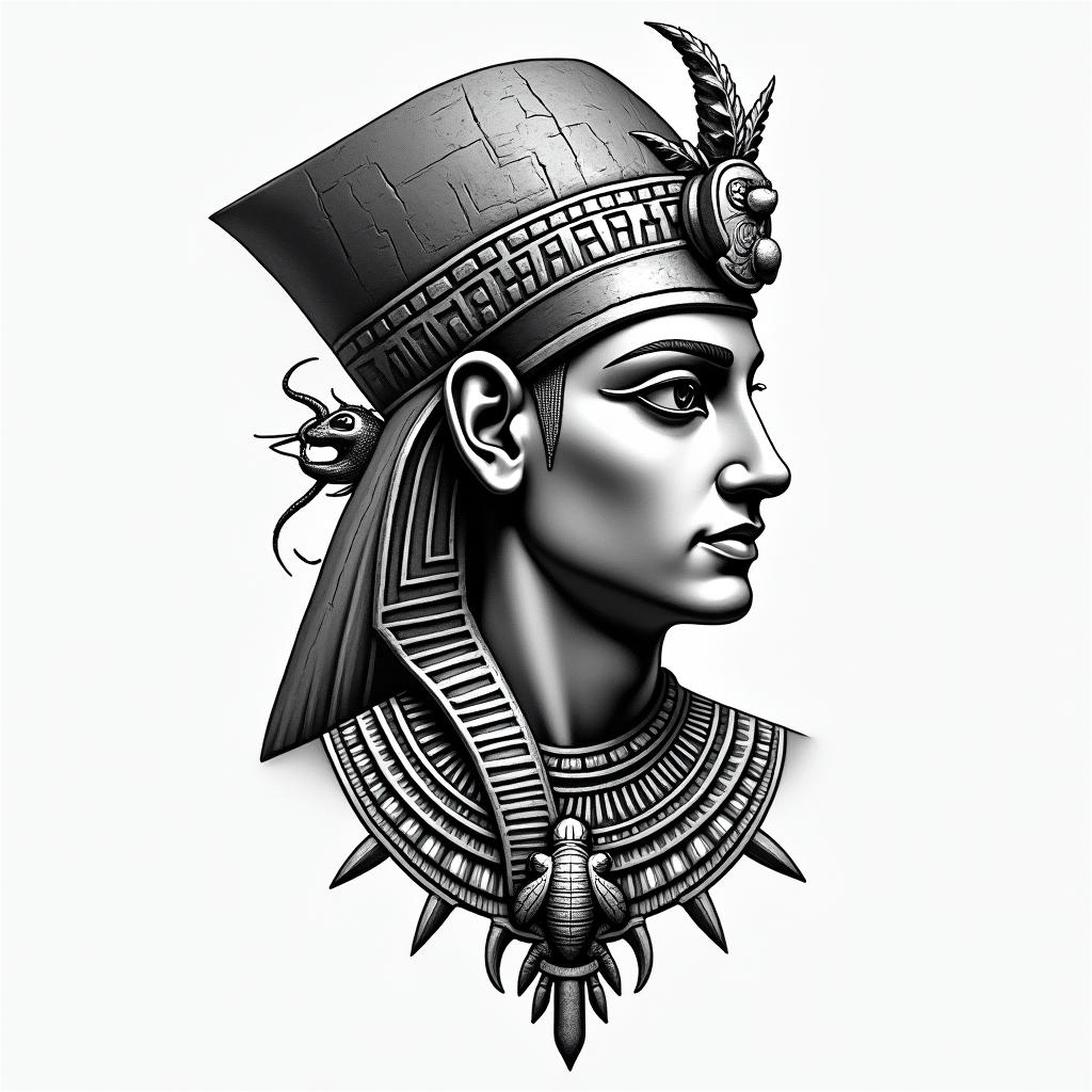 Stoicismin egyptian style tattoo, bold elements of ancient egyptian culture including a portrait of an Egyptian pharaoh with detailed facial features, in hieroglyphs and symbolic imagery, eye of horus, ankh symbol, scarab beetle - Variation 8