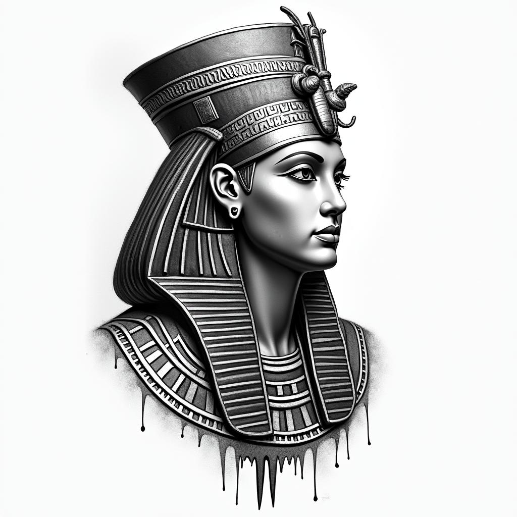 Stoicismin egyptian style tattoo, bold elements of ancient egyptian culture including a portrait of an Egyptian pharaoh with detailed facial features, in hieroglyphs and symbolic imagery, eye of horus, ankh symbol, scarab beetle - Variation 5