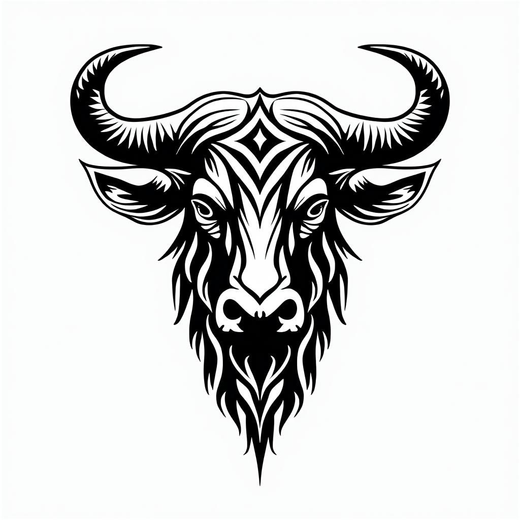 Taurus bullin tribal tattoo style, featuring bold and black geometric shapes, curved lines, intertwine and flow seamlessly, creating a powerful and symbolic design, polynesian and maori styles - Variation 3