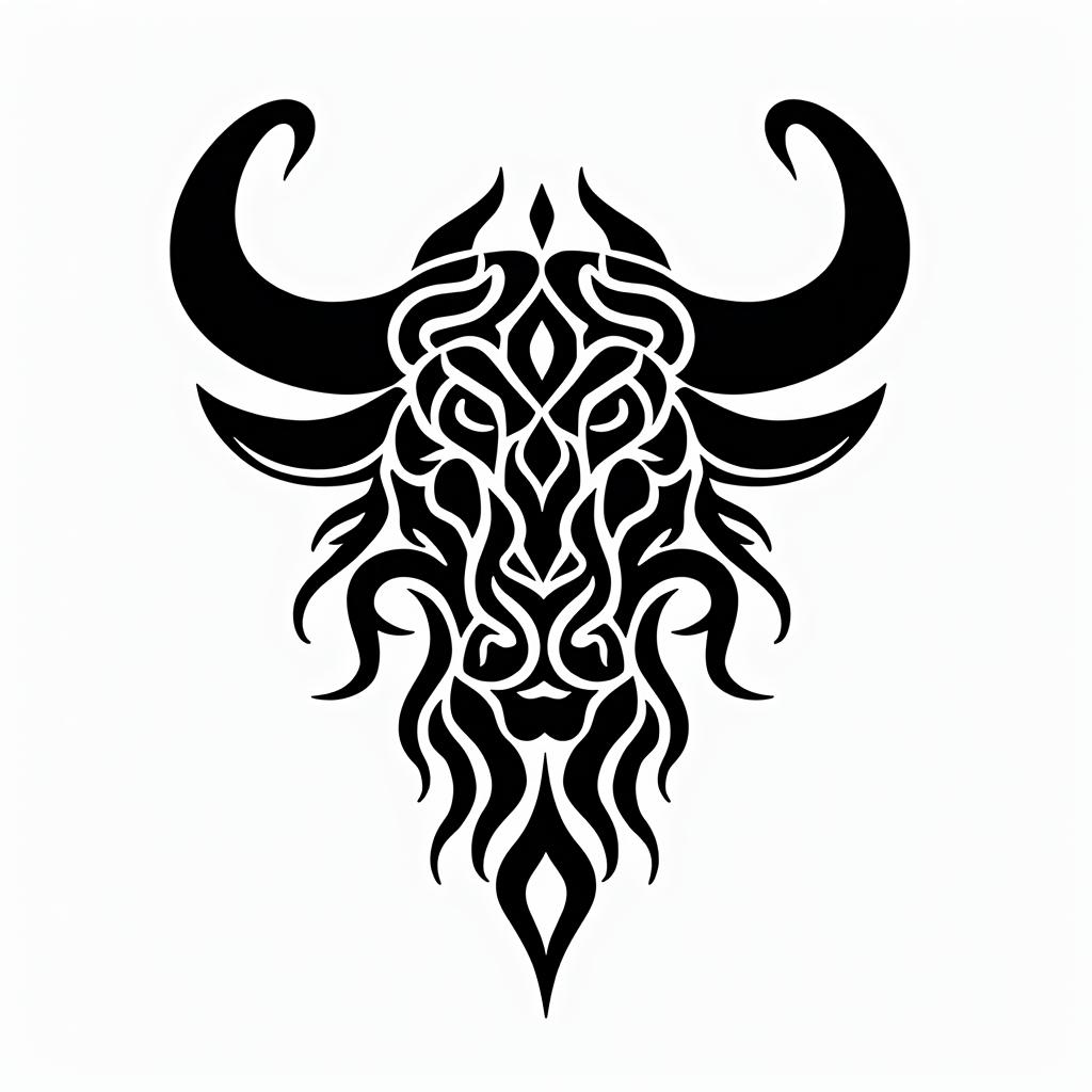 Taurus bullin tribal tattoo style, featuring bold and black geometric shapes, curved lines, intertwine and flow seamlessly, creating a powerful and symbolic design, polynesian and maori styles