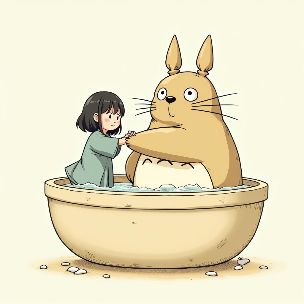 Totoro fingers lost girl while high on bath saltsGhibli, Studio Ghibli aesthetic, hand-drawn anime style, retro nostalgic atmosphere, retro soft pastel color palette with earthy tones, retro Japanese cinematic shot, yellow tint effect, bald character, smooth surface, anime shadow 90's anime style - Variation 4