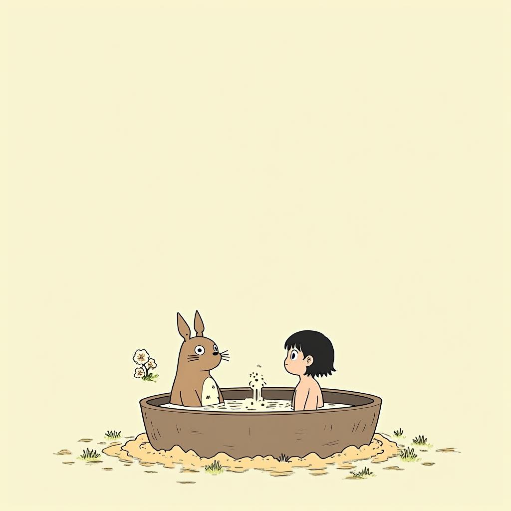 Totoro fingers lost girl while high on bath saltsGhibli, Studio Ghibli aesthetic, hand-drawn anime style, retro nostalgic atmosphere, retro soft pastel color palette with earthy tones, retro Japanese cinematic shot, yellow tint effect, bald character, smooth surface, anime shadow 90's anime style