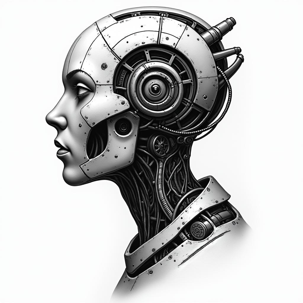 Mopartattoo in biomechanic style, the tattoo covered by robotic elements of futuristic cyberpunk design, robotic features detail, showcasing intricate mechanical components - Variation 4
