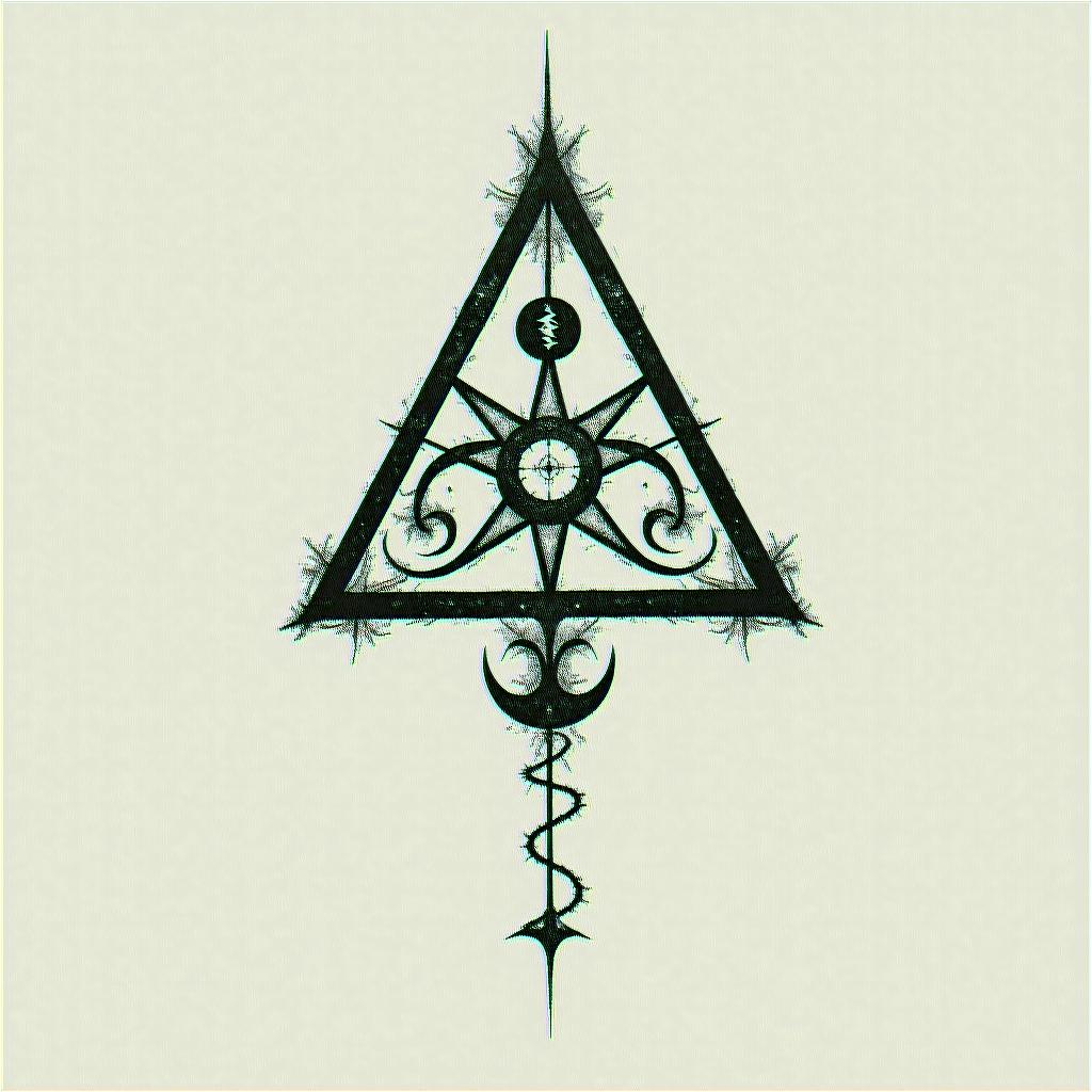 Simple triangle with a line throughin paganic style tattoo, featuring ancient symbols, add vegvisir symbol, mystical figures, incorporating designs, pentagrams, runes, crescent moons, - Variation 6