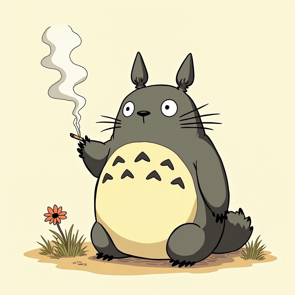 Totoro smoke a jointGhibli, Studio Ghibli aesthetic, hand-drawn anime style, retro nostalgic atmosphere, retro soft pastel color palette with earthy tones, retro Japanese cinematic shot, yellow tint effect, bald character, smooth surface, anime shadow 90's anime style - Variation 3
