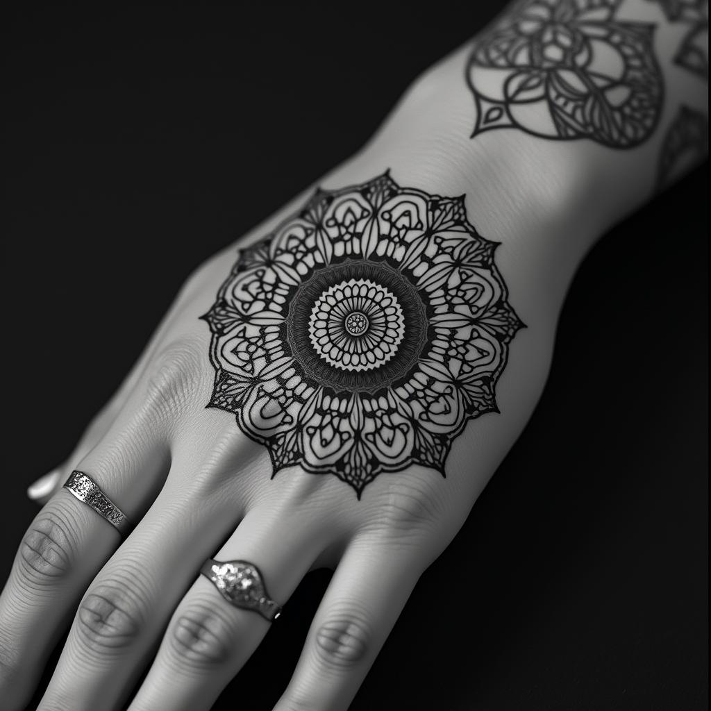 My pains of love, abandonment, betrayal, loss, mourning,in dotwork style tattoo, complex mandala patterns, interlocking geometric shapes with sharp symmetry, clean lines, sharp angles