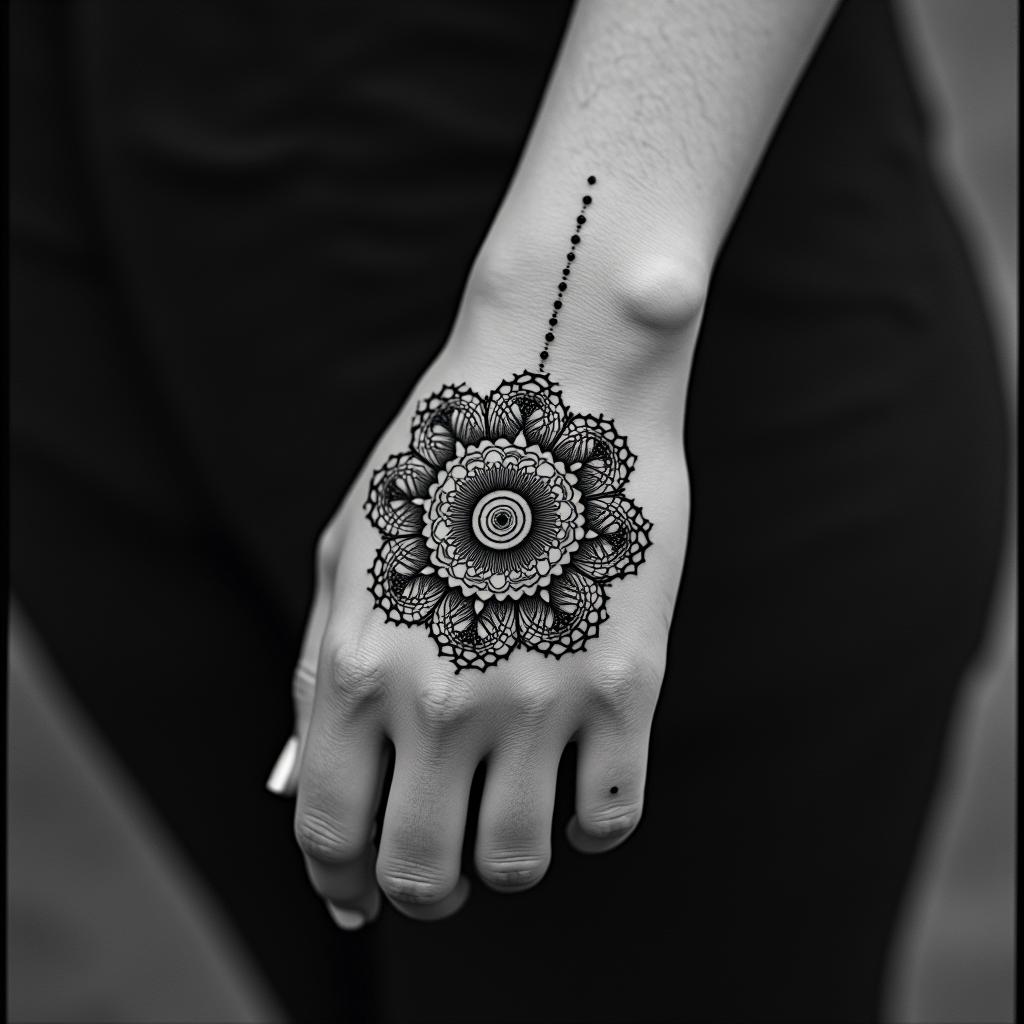 My pains of love, abandonment, betrayal, loss, mourning,in dotwork style tattoo, complex mandala patterns, interlocking geometric shapes with sharp symmetry, clean lines, sharp angles - Variation 4